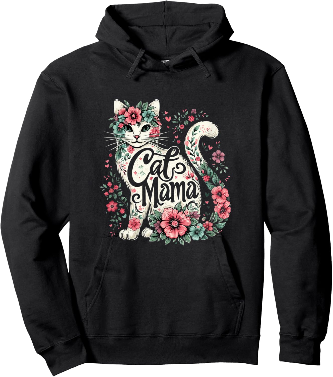 Cat Mama Cute Flower Cat Mother's Day Floral Cat Mom Hoodie - Hoodie | Black