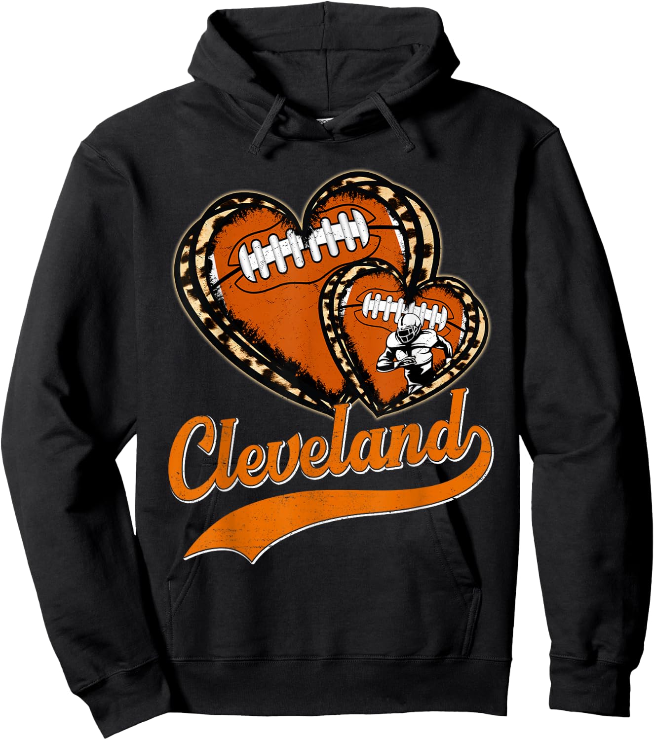 Vintage Leopard Heart Cleveland Football Player Sport Fans Hoodie - Hoodie | Black