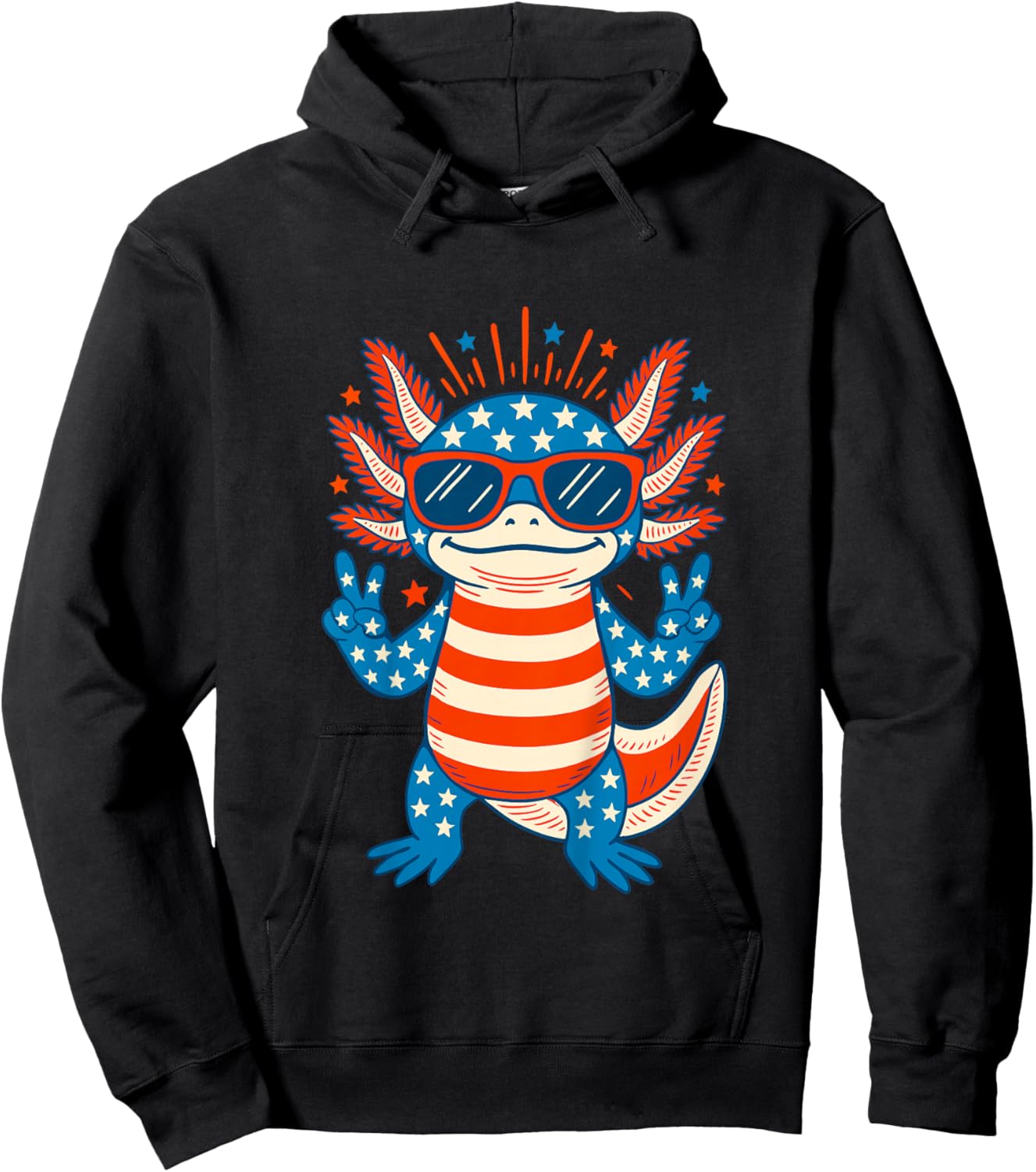 Kids Cute Axolotl 4th of July Red White Blue American Flag Kids Hoodie - Hoodie | Black