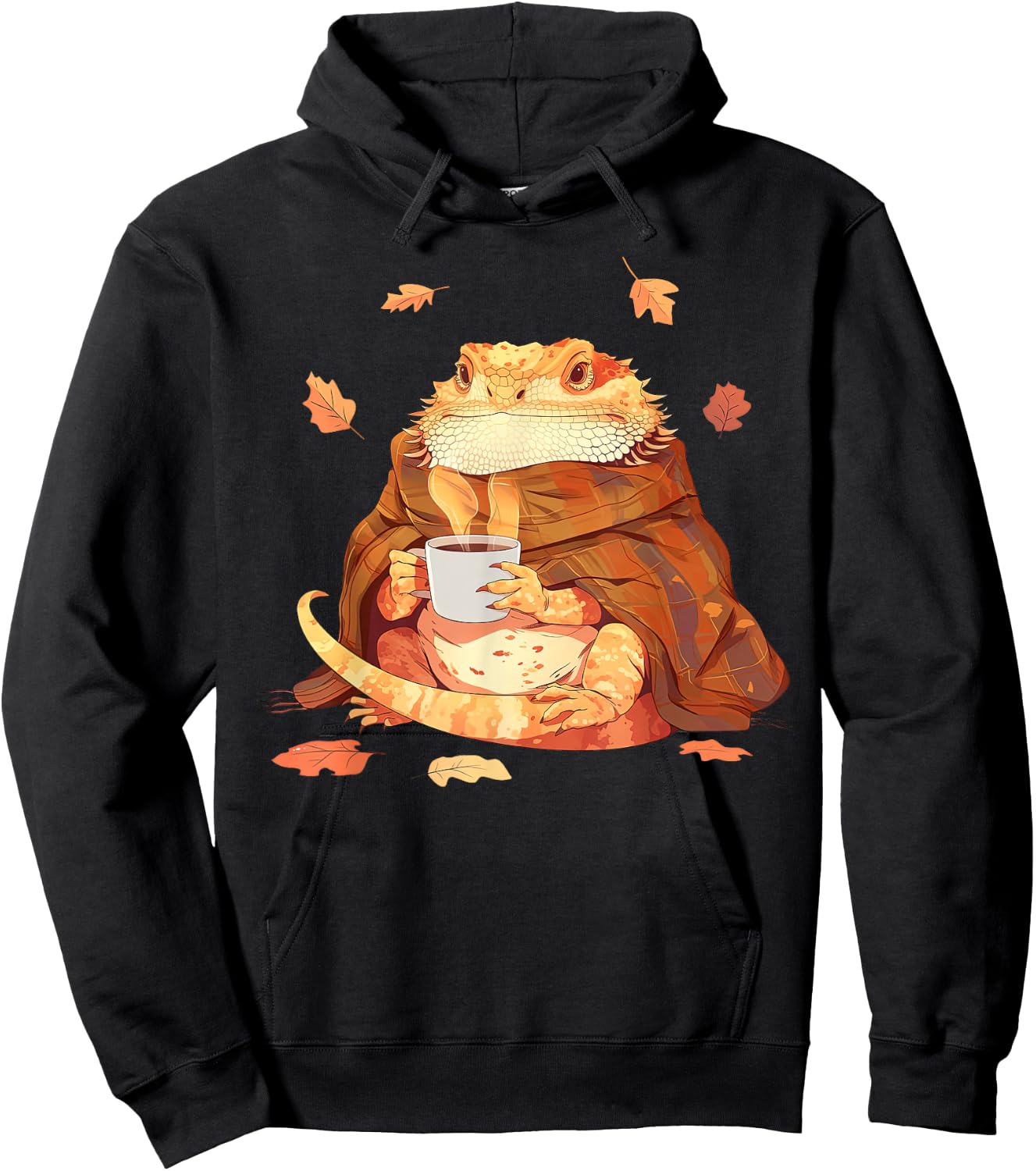 Cute Bearded Dragon In Blanket Drink Coffee Pumpkin Fall Hoodie - Hoodie | Black