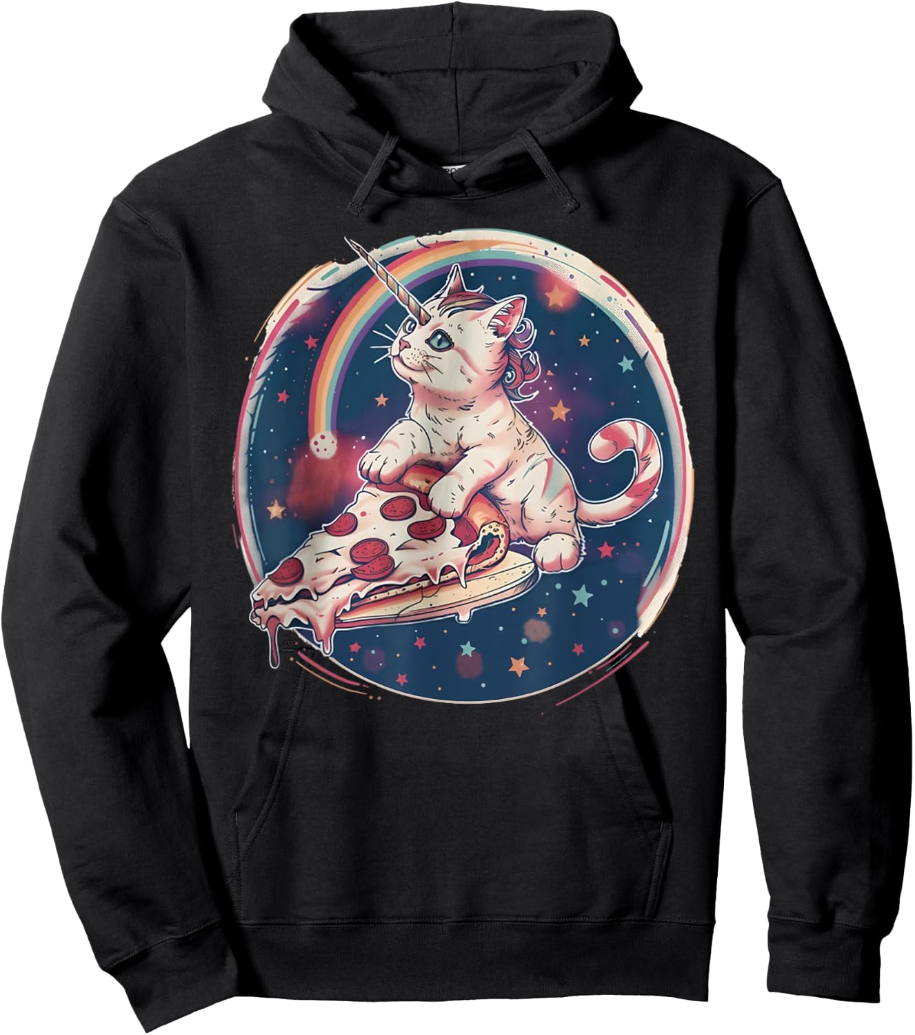 Funny Uni-Cat Flying A Pizza Unicorn Kitten Space Cats Lover Men Women Kids Hoodie - Hoodie | Black