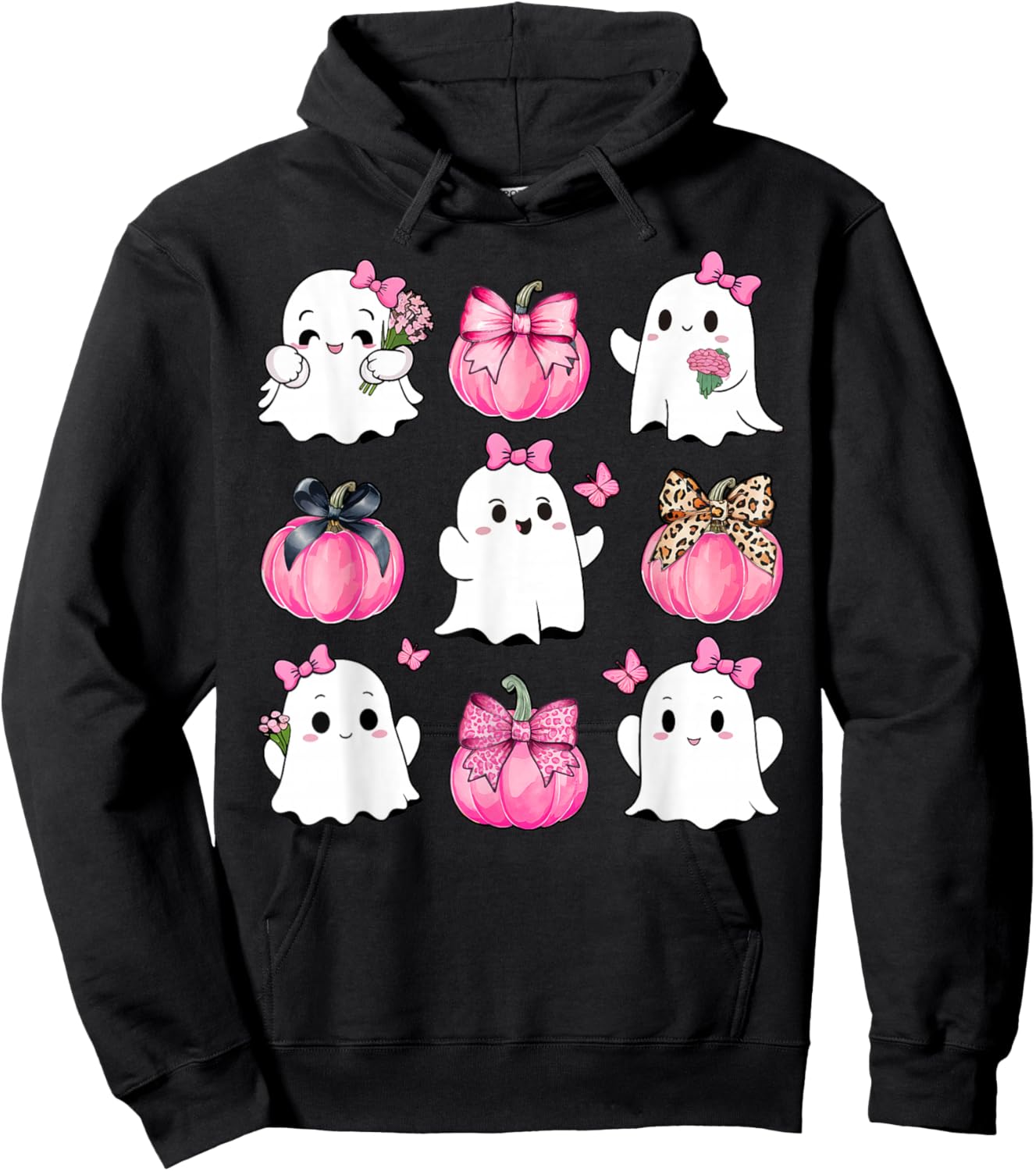 Cute Ghost Florals Pink Coquette Bows Pumpkins Halloween Hoodie - Hoodie | Black