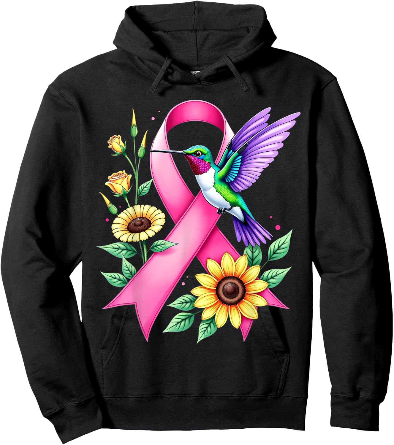 Hummingbird Sunflower Pink Ribbon Breast Cancer Awareness Hoodie - Hoodie | Black