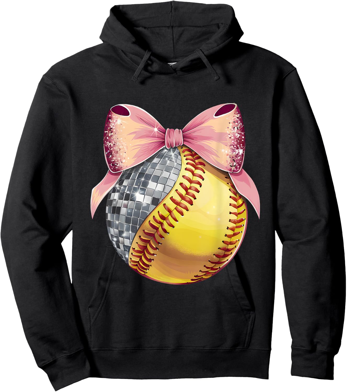Cute Coquette Bow Disco Ball Softball Player Game Day Mom Hoodie - Hoodie | Black