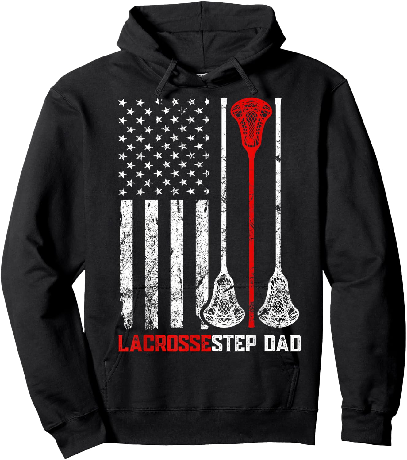 Vintage Lacrosse Step Dad USA Flag Patriotic Family Matching Hoodie - Hoodie | Black