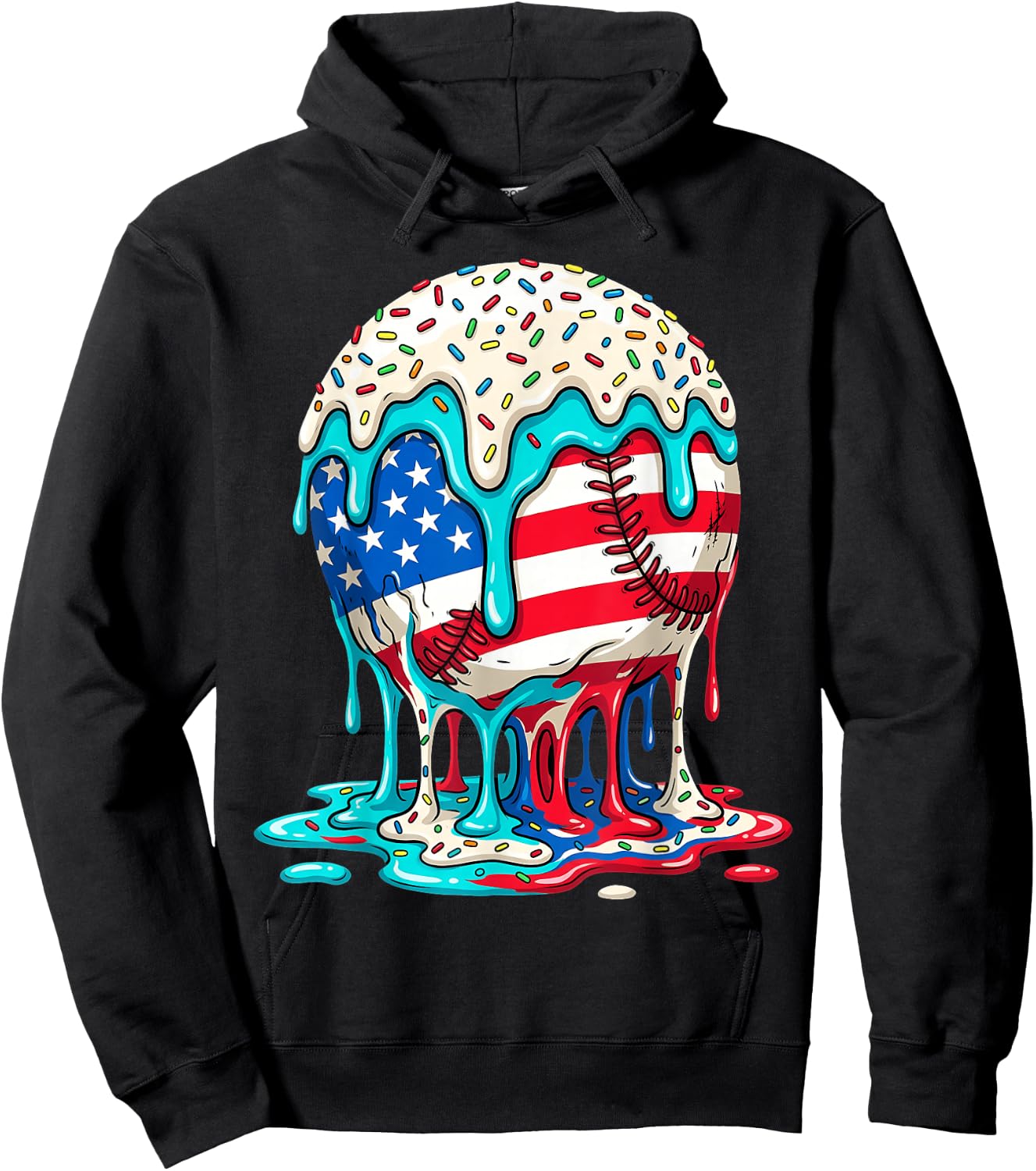 Baseball Drip Ice Cream Dripping 4th of July American Flag Hoodie - Hoodie | Black