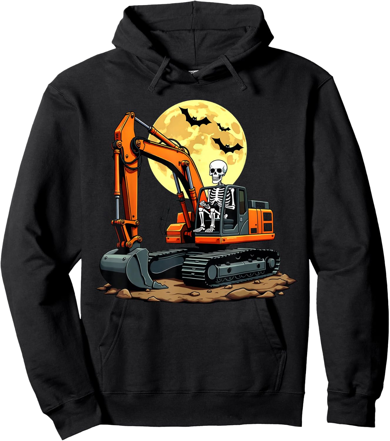 Funny Skeleton Driving Excavator Halloween Construction Kids Hoodie - Hoodie | Black