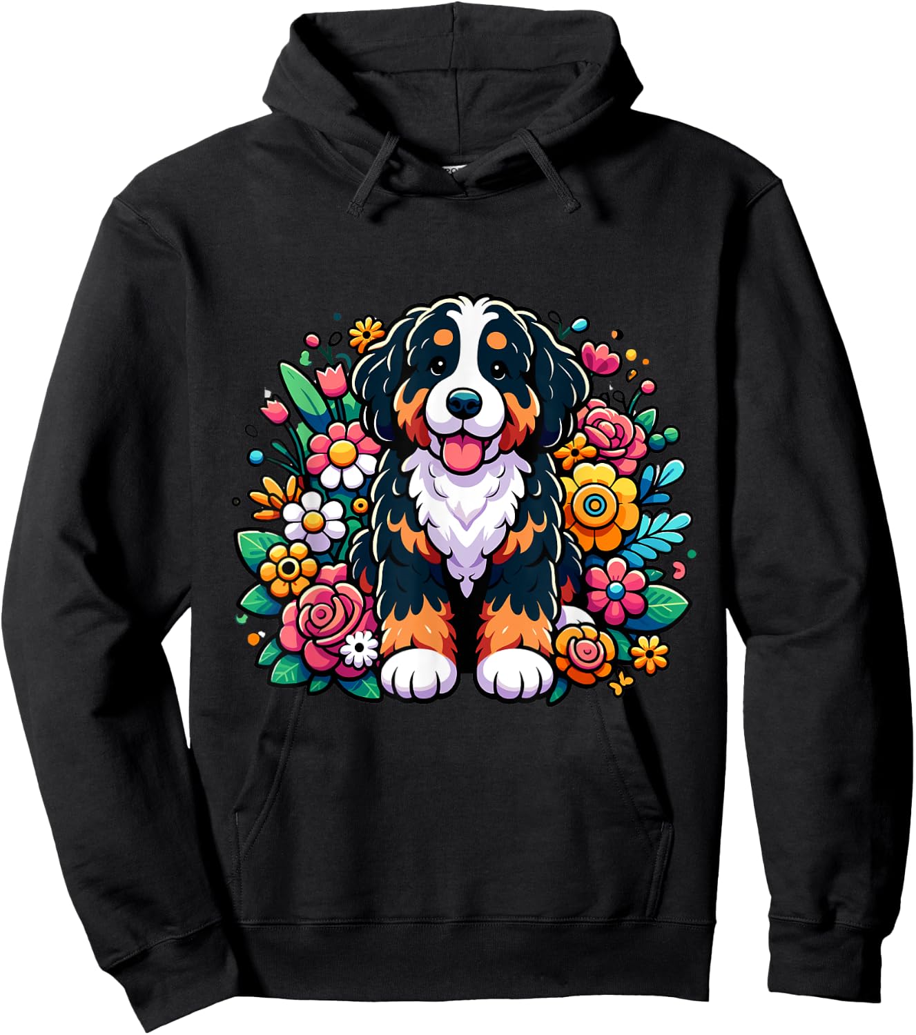 Cute Cartoon Style Bernedoodle Colorful Flower Floral Hoodie - Hoodie | Black