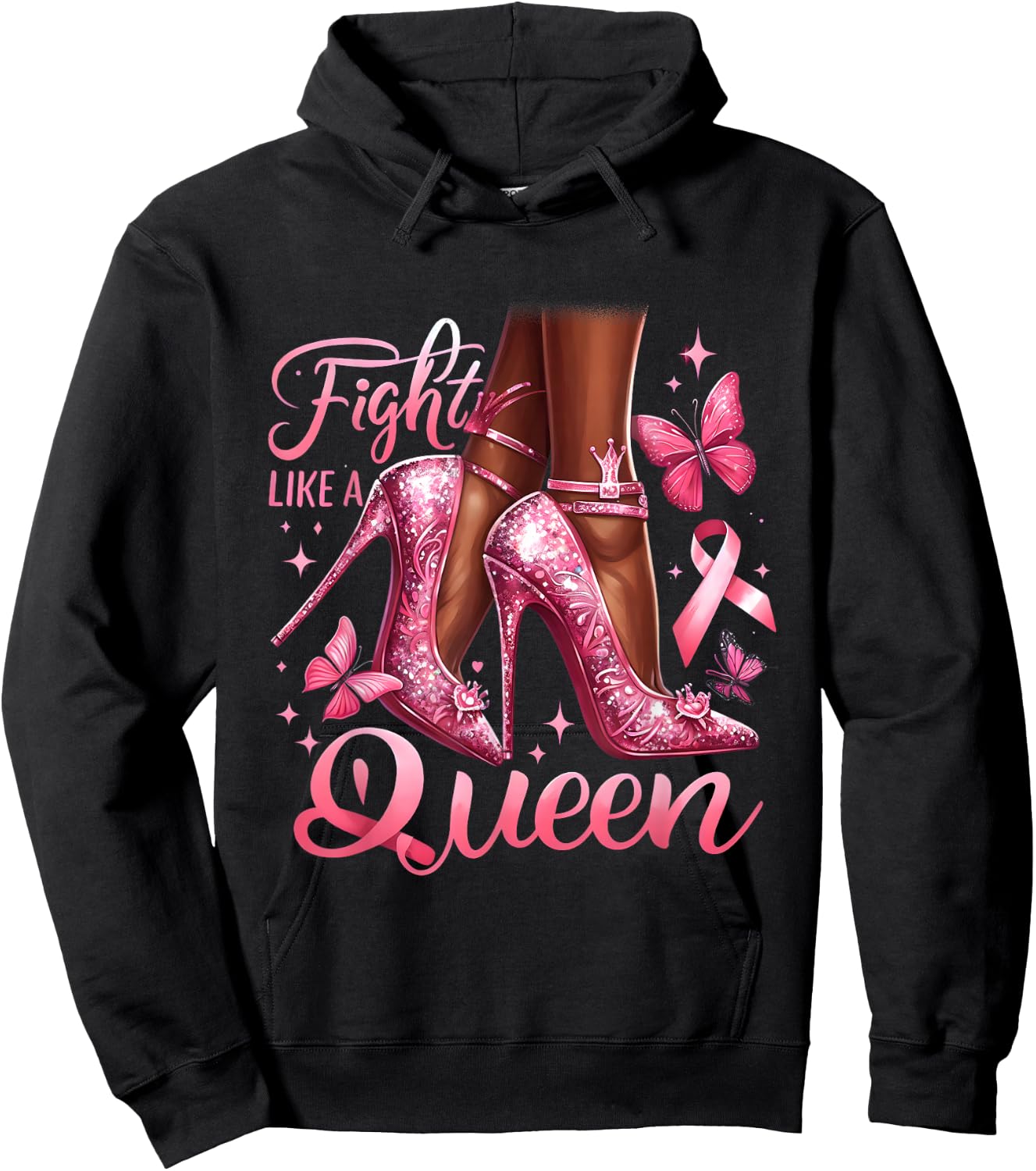 Fight Like A Queen Breast Cancer Awareness Black Woman Queen Hoodie - Hoodie | Black