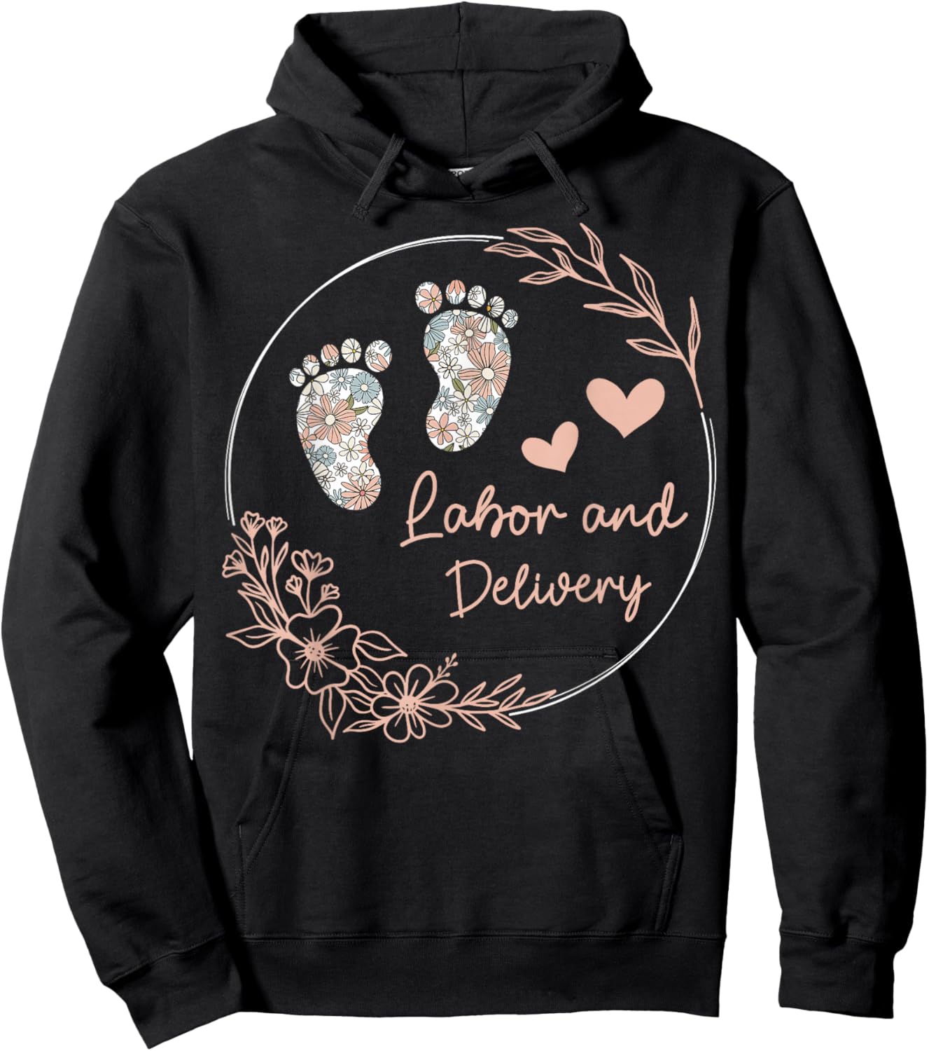 Funny Labor and Delivery Nurse Co - Women's Retro Floral Nursing Shirt - Black, Small - Short Sleeve Hoodie - Hoodie | Black