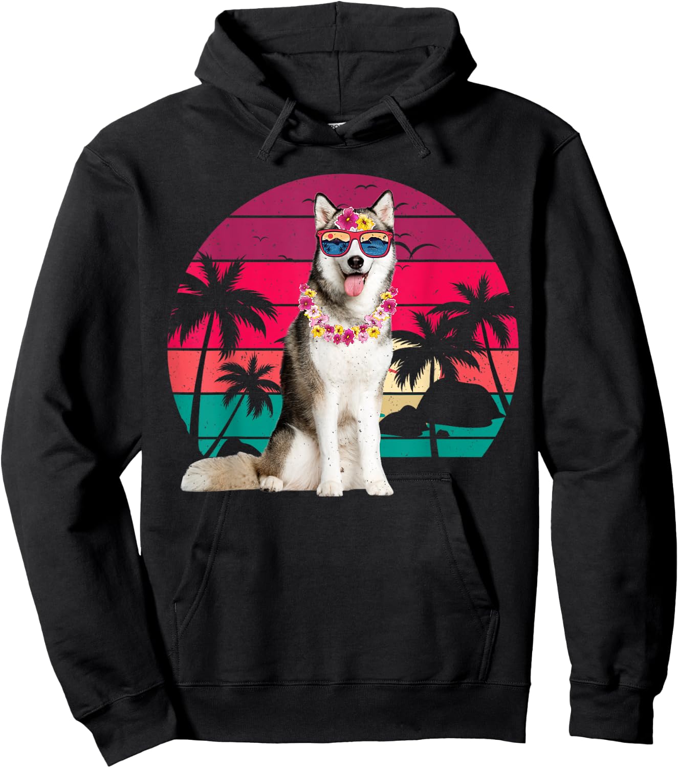 Retro Hawaiian Husky Dog Tropical Palm Trees Summer Vibes Women Kids Hoodie - Hoodie | Black