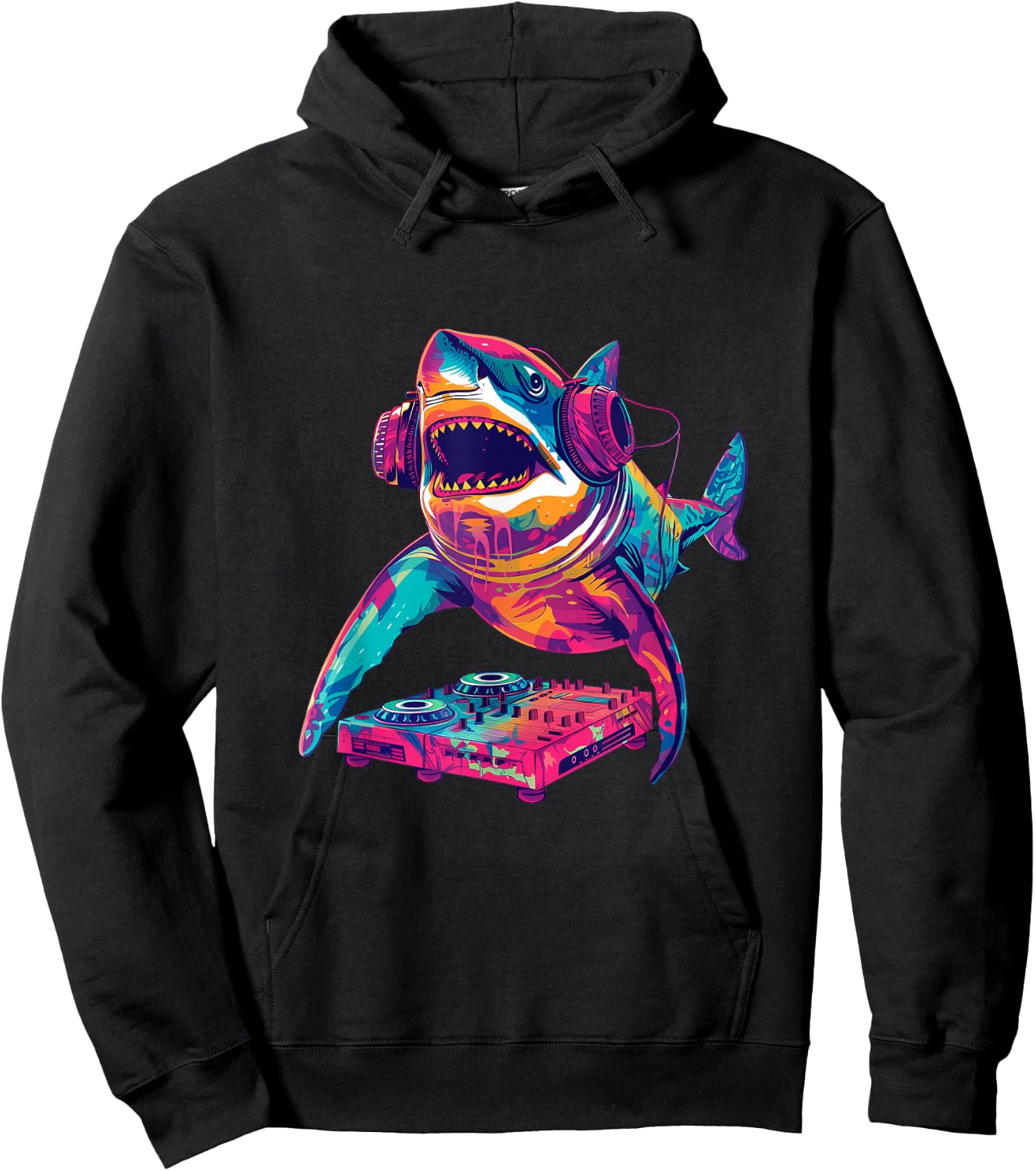 Party Shark Disco DJ with headphones turntable artwork Hoodie - Hoodie | Black