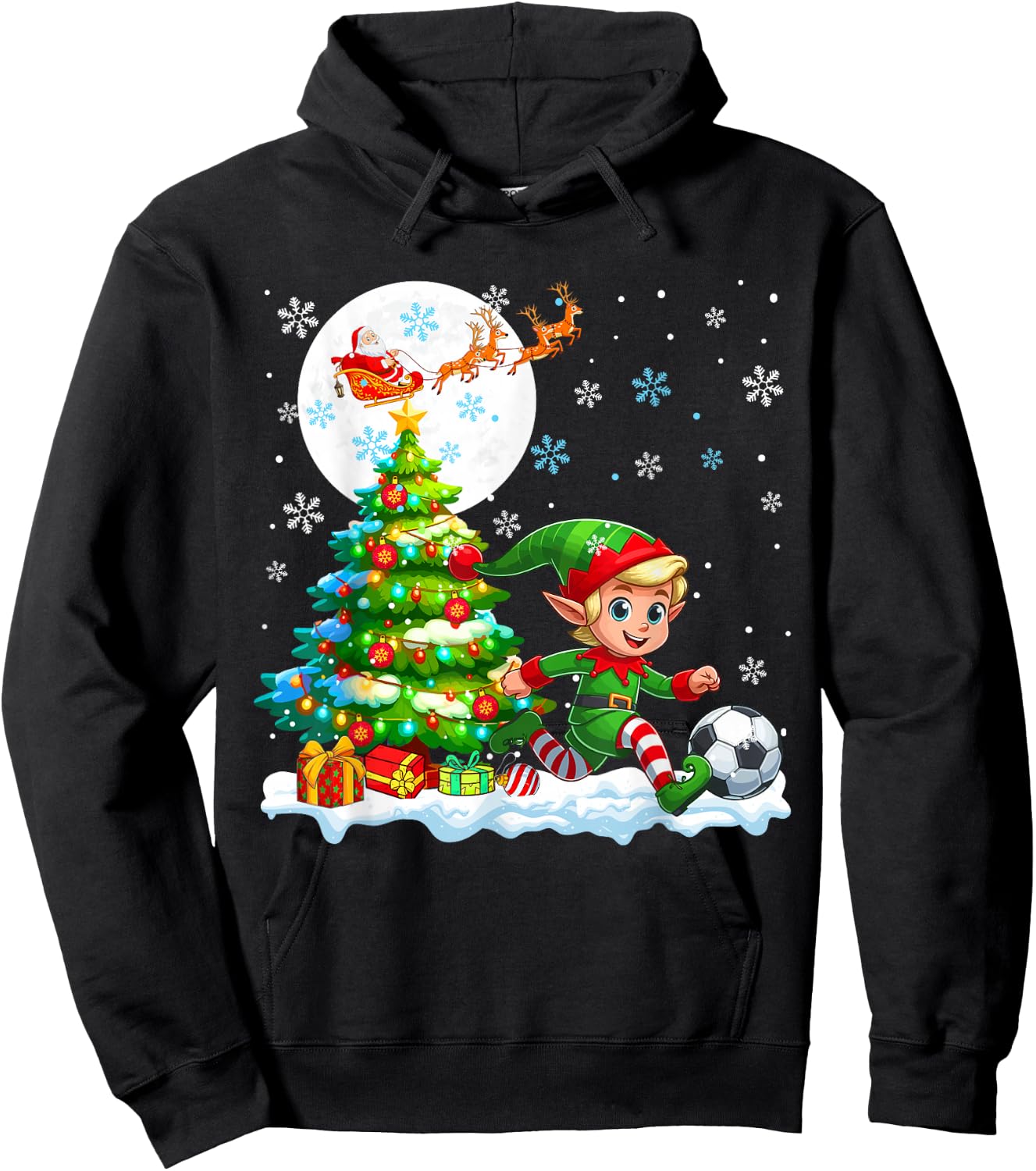Elf Playing Soccer Christmas Tree Colorful Costume Player Hoodie - Hoodie | Black