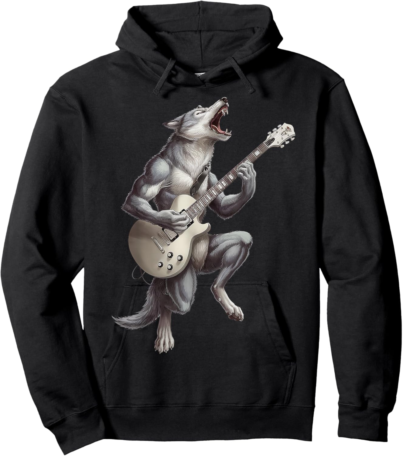Wolf Playing Guitar Rock Star Funny Gifts Women Kids Hoodie - Hoodie | Black