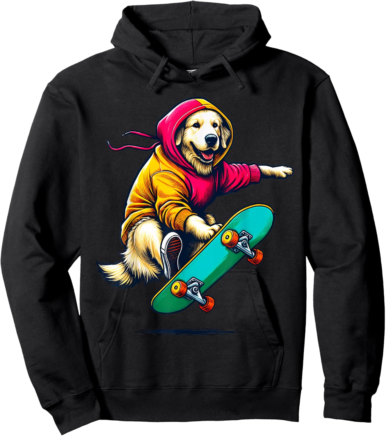Cool Golden Retriever Dog Skateboarding Illustration Art Hoodie - Hoodie | Black