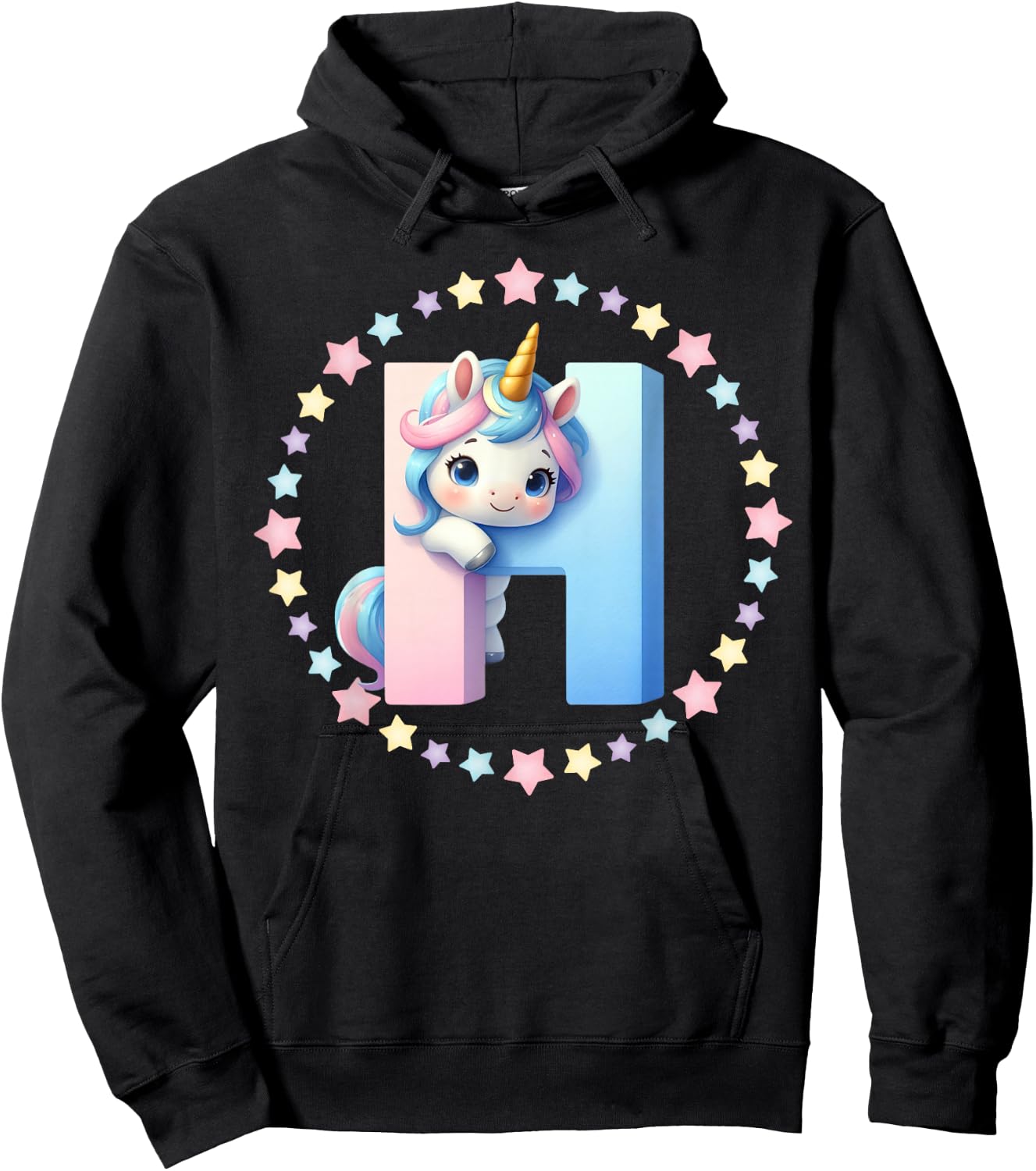Unicorn Letter H Initial Rainbow Monogram Women Girls Kids Hoodie - Hoodie | Black