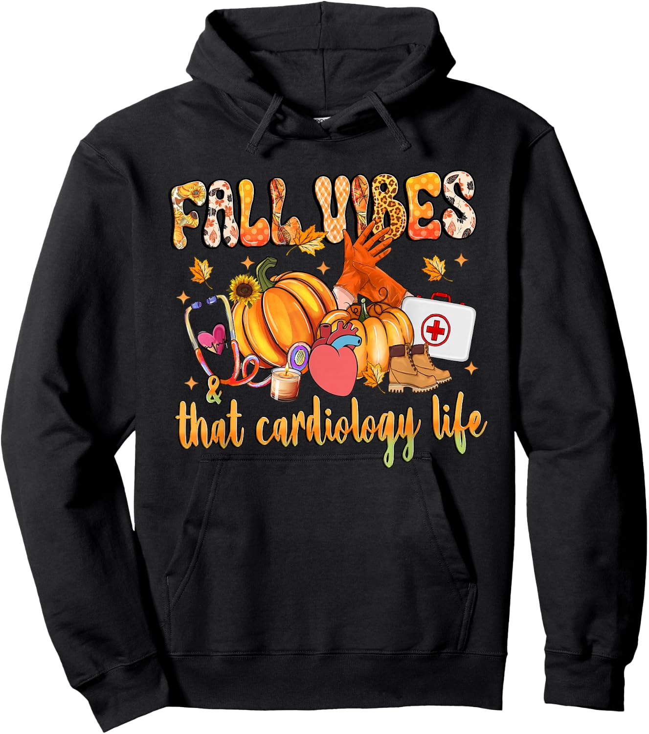 Fall Vibes & That Cardiology Life Pumpkin Leopard Gifts Hoodie - Hoodie | Black