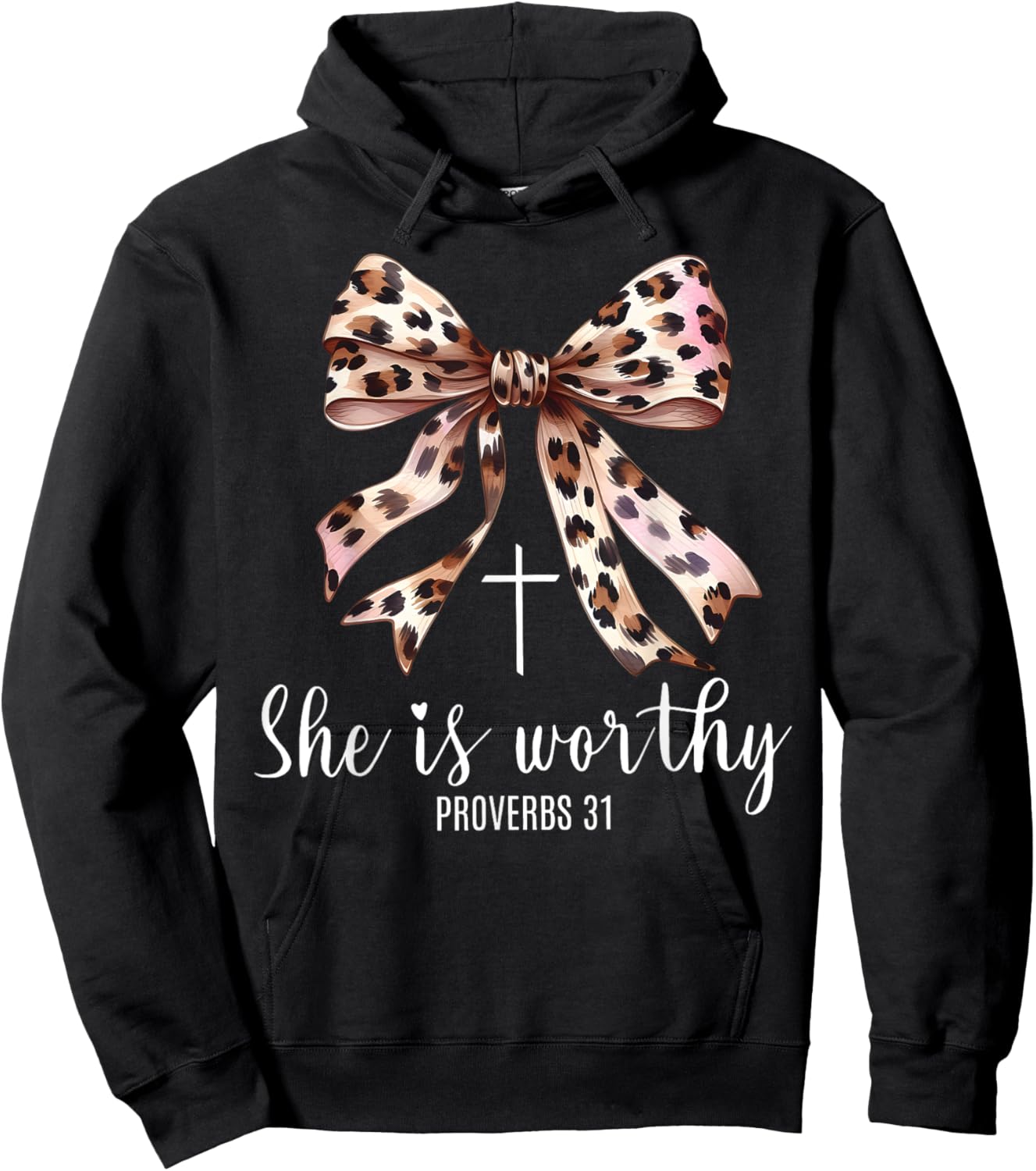 Christian Coquette Leopard Bow She Is Worthy Bible Religious Hoodie - Hoodie | Black