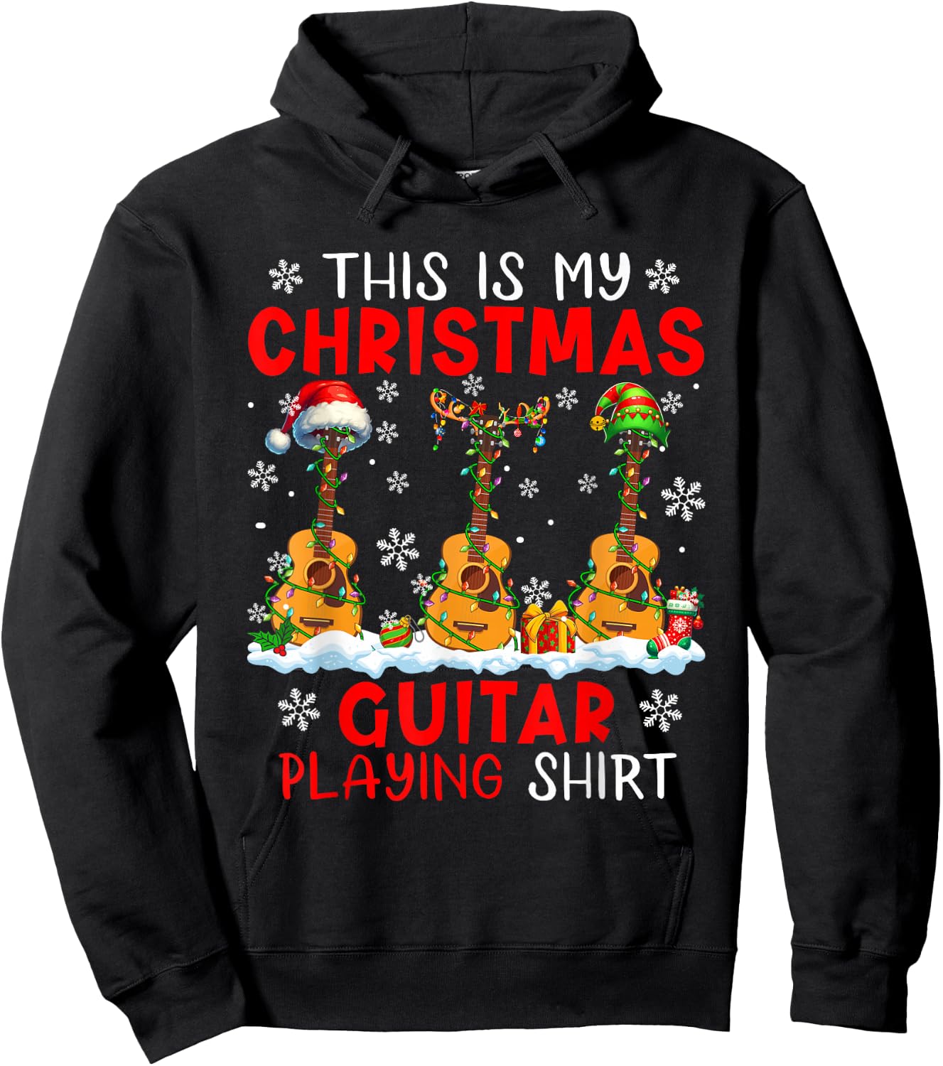 My Christmas Guitar Playing Shirt Three Santa Instruments Hoodie - Hoodie | Black