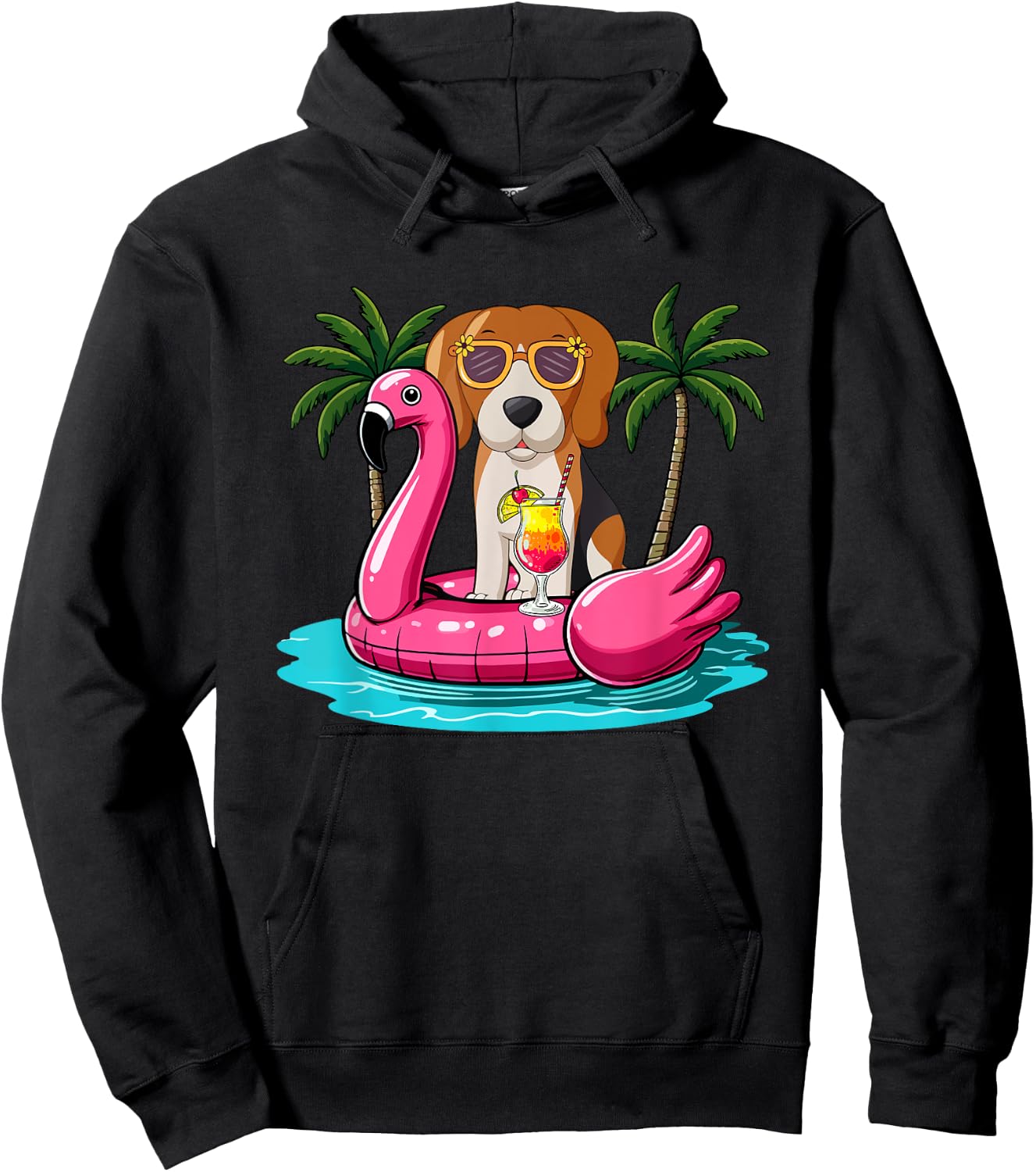Beagle Sunglasses On Flamingo Cute Float Costume Summer Hoodie - Hoodie | Black