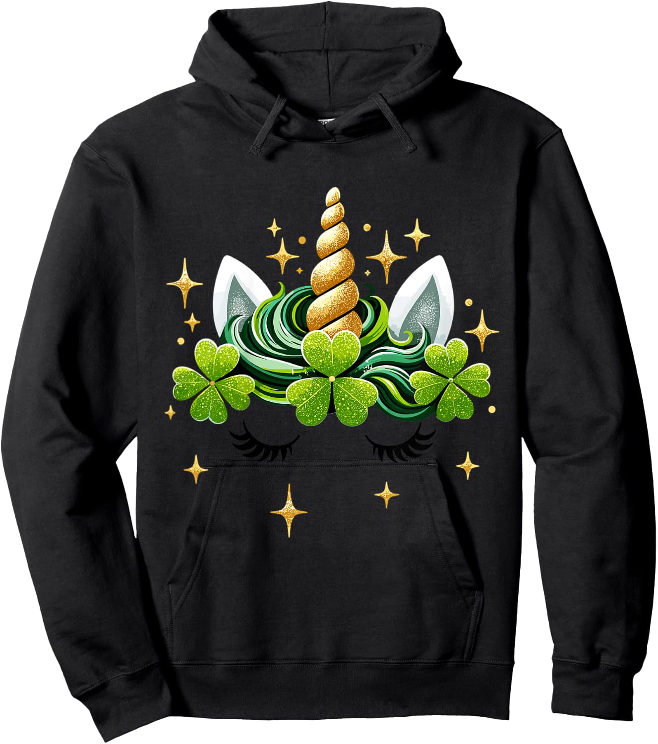 Kids Unicorn Face Shamrock St Patrick's Day Girl Hoodie - Hoodie | Black