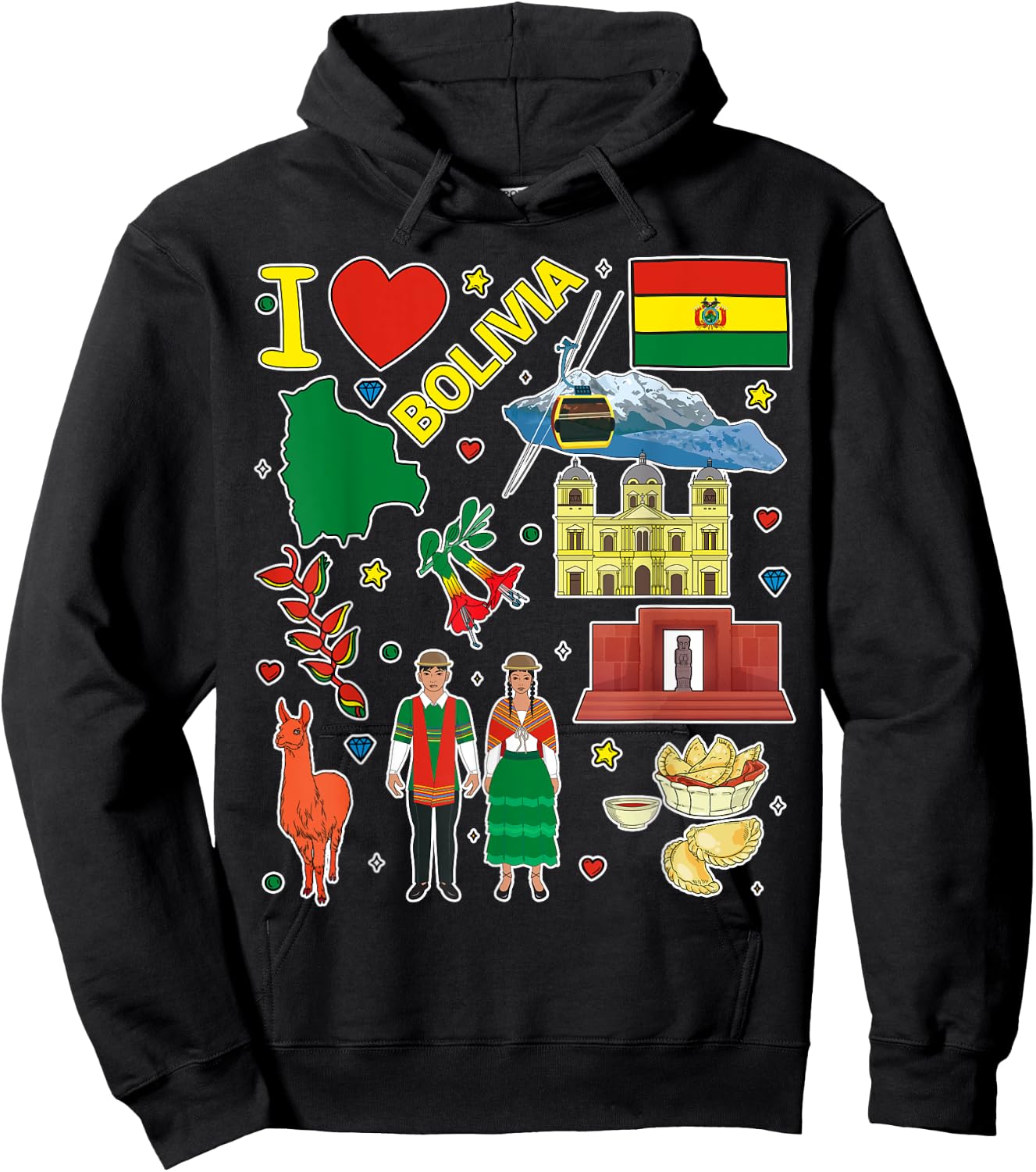 Bolivian hand drawn symbols, Bolivia map, cultural icons Hoodie - Hoodie | Black