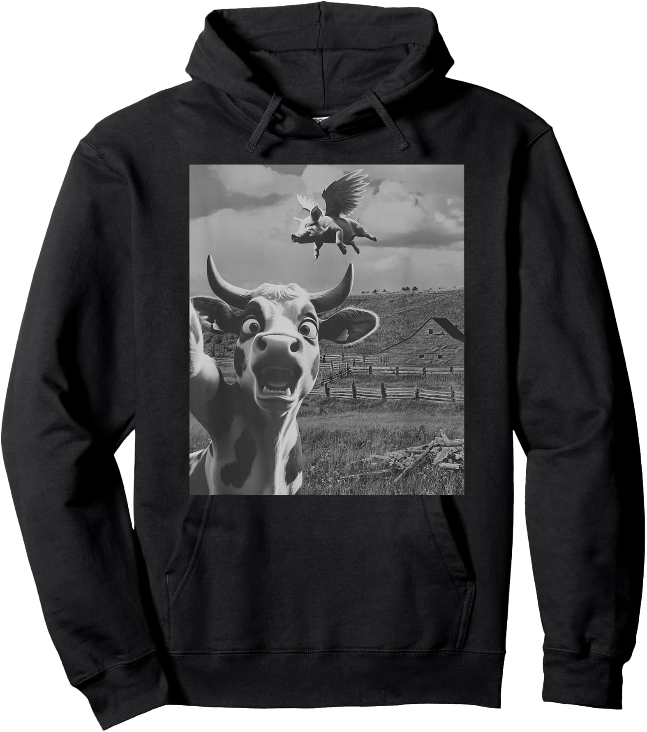 Cow Selfie With Flying Pigs Fly Funny Gift Women Kid Hoodie - Hoodie | Black