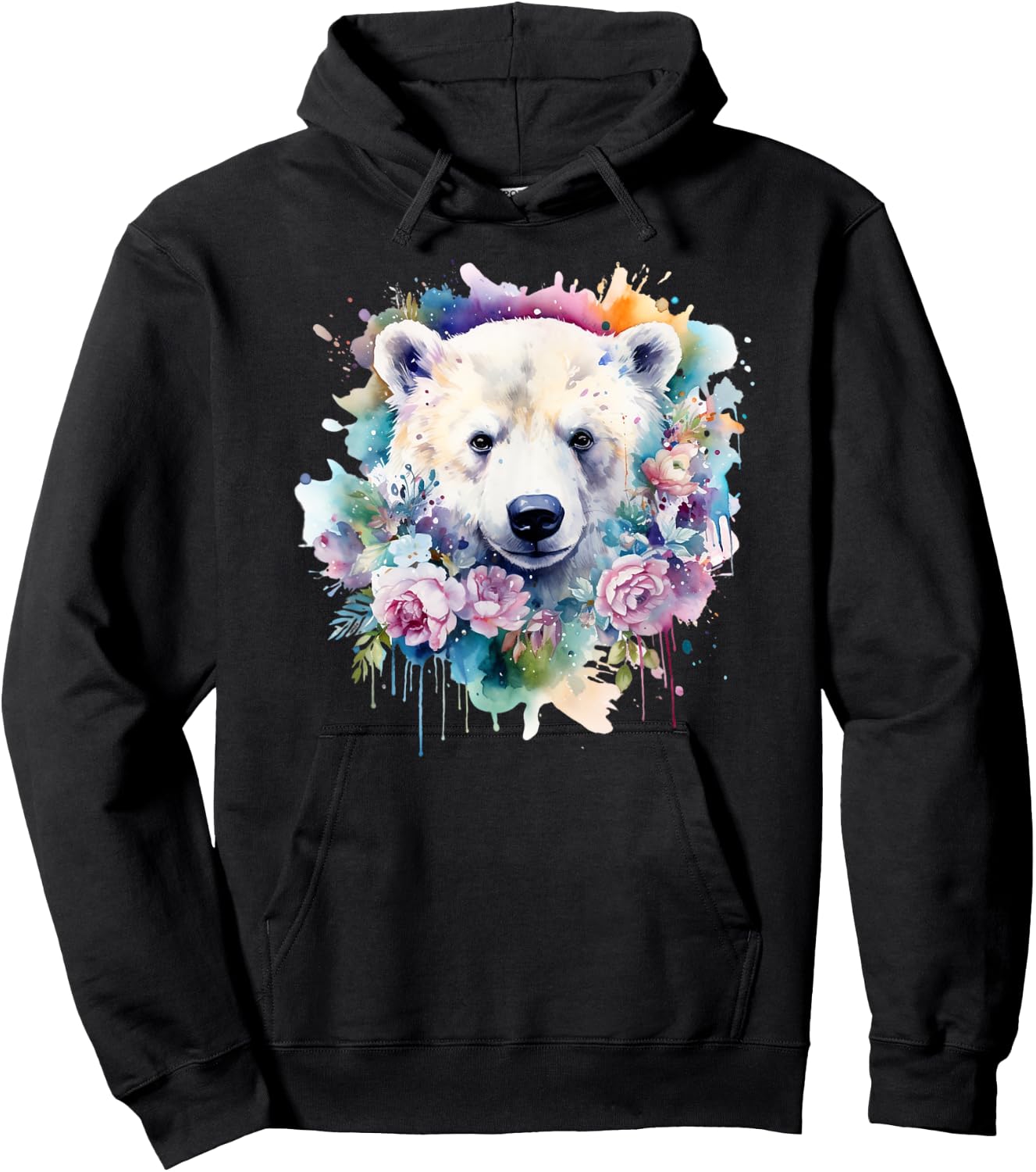 Polar Bear Floral Watercolor Animal Cute Polar Bear Face Hoodie - Hoodie | Black