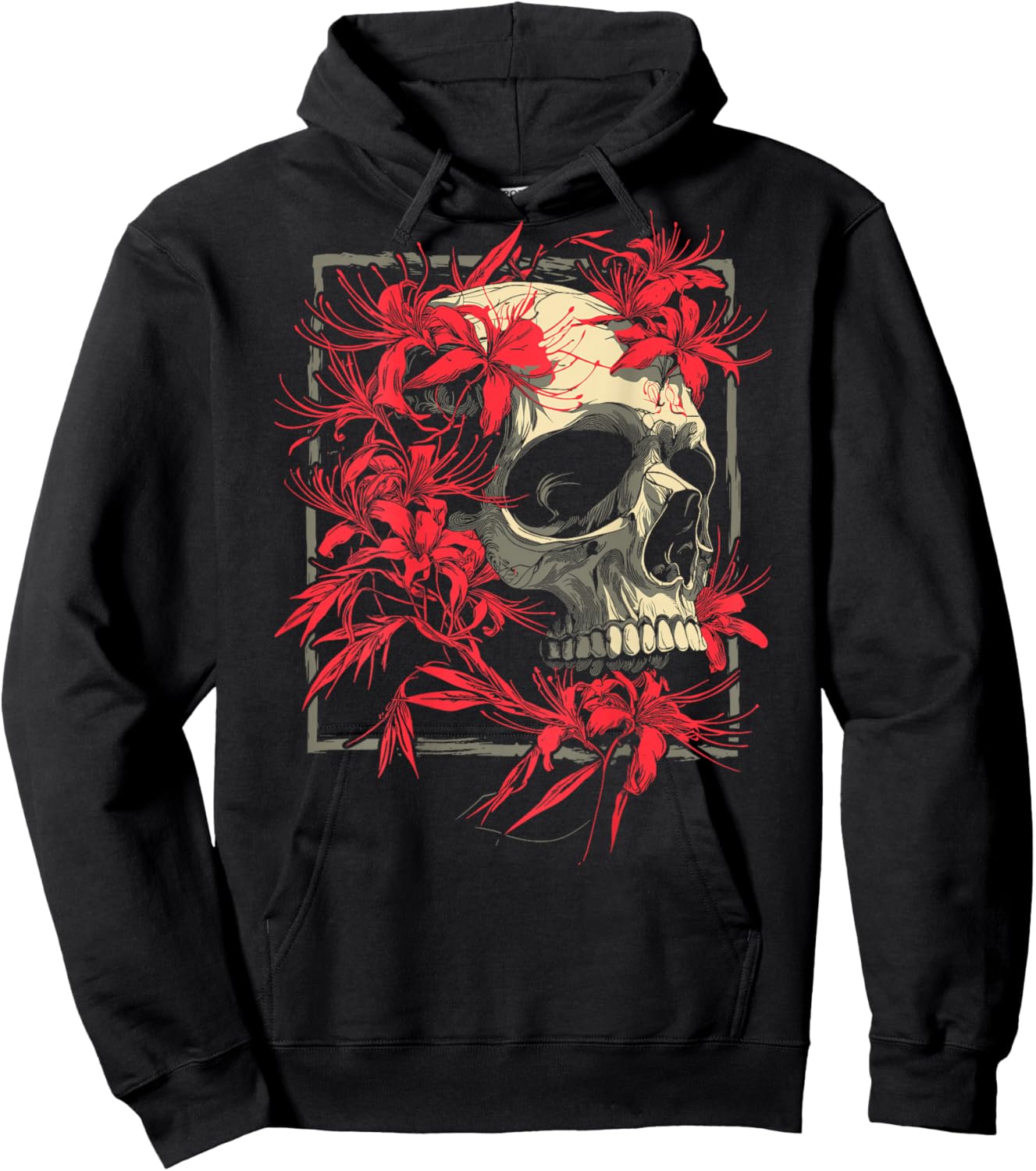 Red Spider Lily Flower Japanese Skull Otaku Backprinted Hoodie - Hoodie | Black