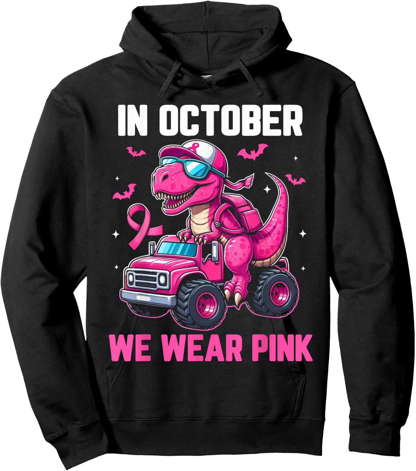In October We Wear Pink Dino Trex Boys Toddler Breast Cancer Hoodie - Hoodie | Black