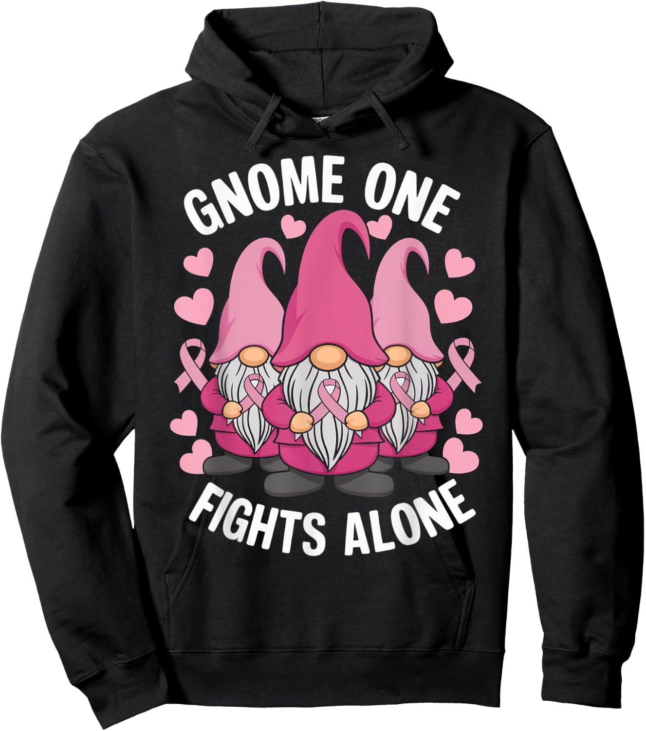 Gnome One Fights Alone Breast Cancer Awareness Pink Ribbon Hoodie - Hoodie | Black