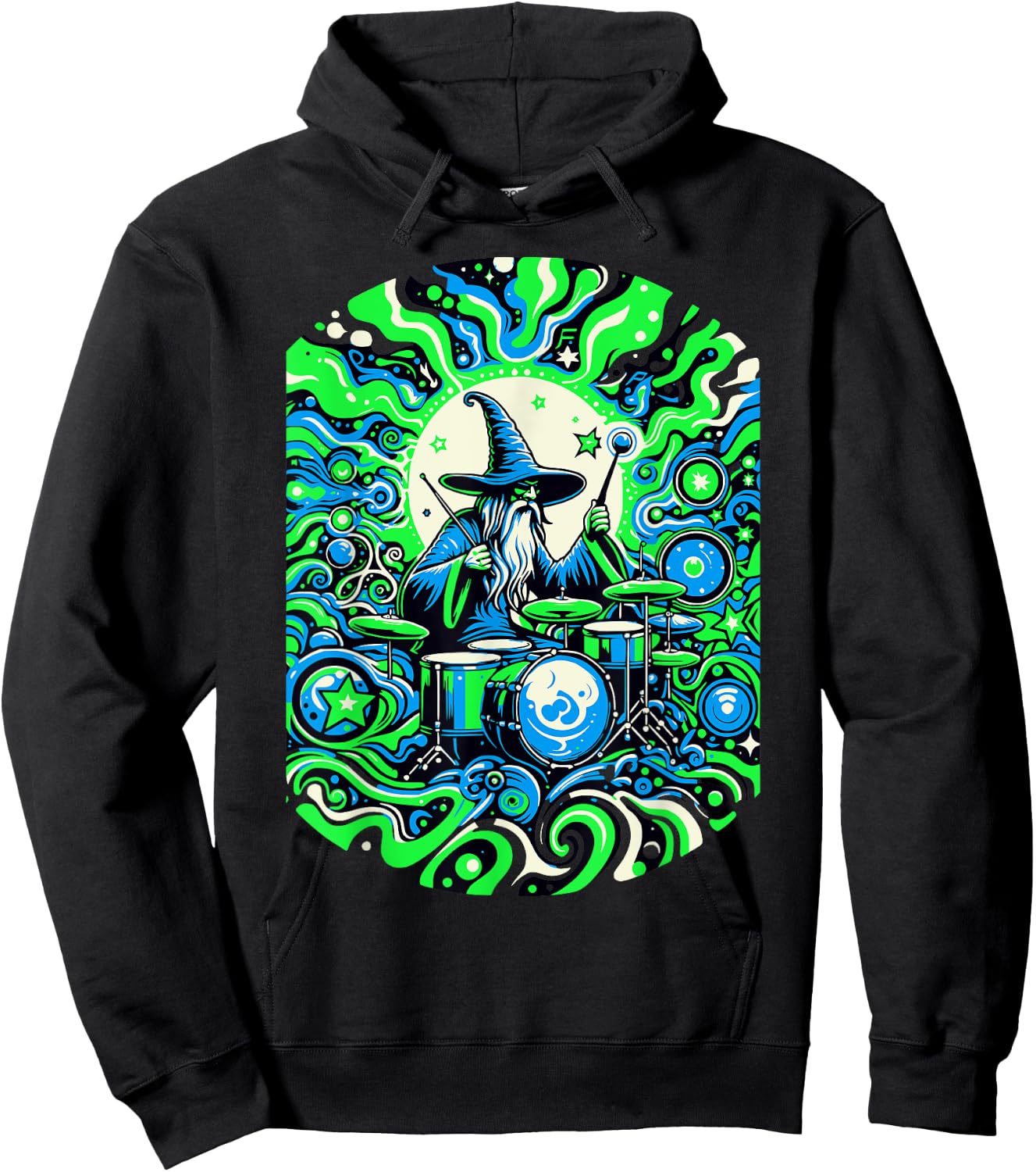 Psychedelic Trippy Rave Colourful Wizard on Drums Hoodie - Hoodie | Black