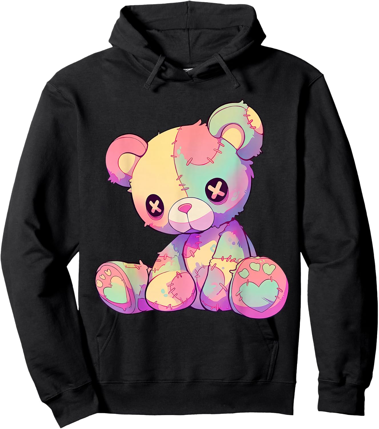 Kawaii Pastel Goth Creepy Cute Witchy Patchwork Teddy Bear Hoodie - Hoodie | Black