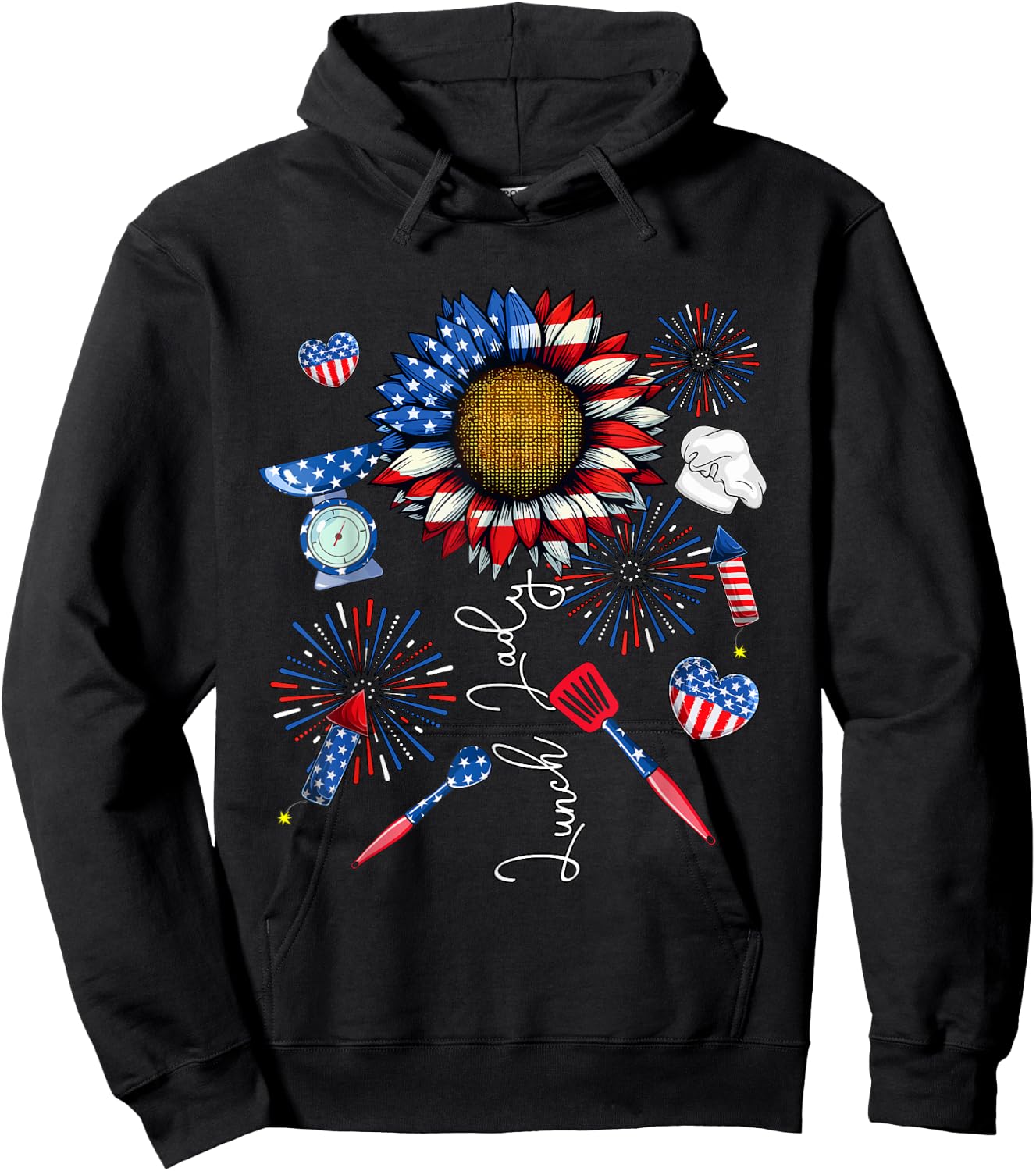 Lunch Lady 4th Of July Sunflower Proud Flag Patriotic Lover Hoodie - Hoodie | Black