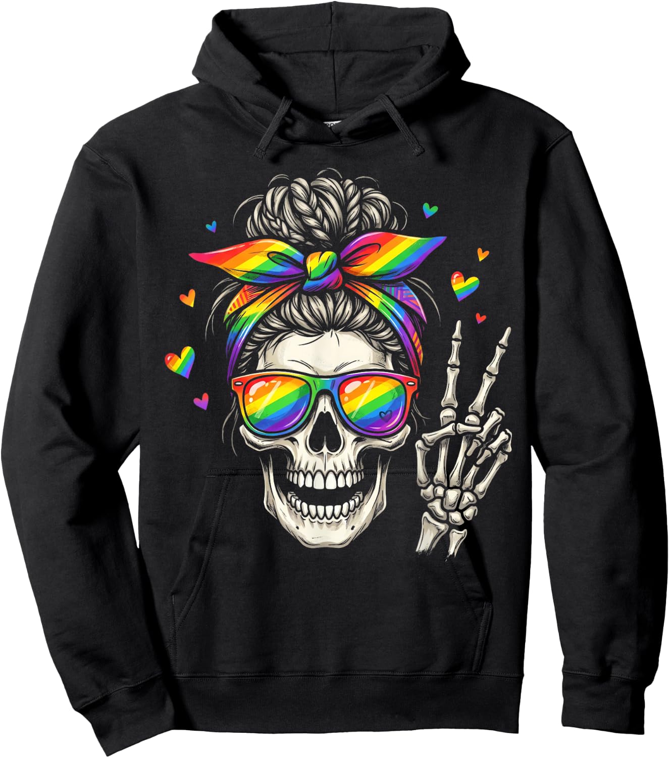 Messy Bun Skull Rainbow Flag LGBT Gay Pride Women Girls Hoodie - Hoodie | Black