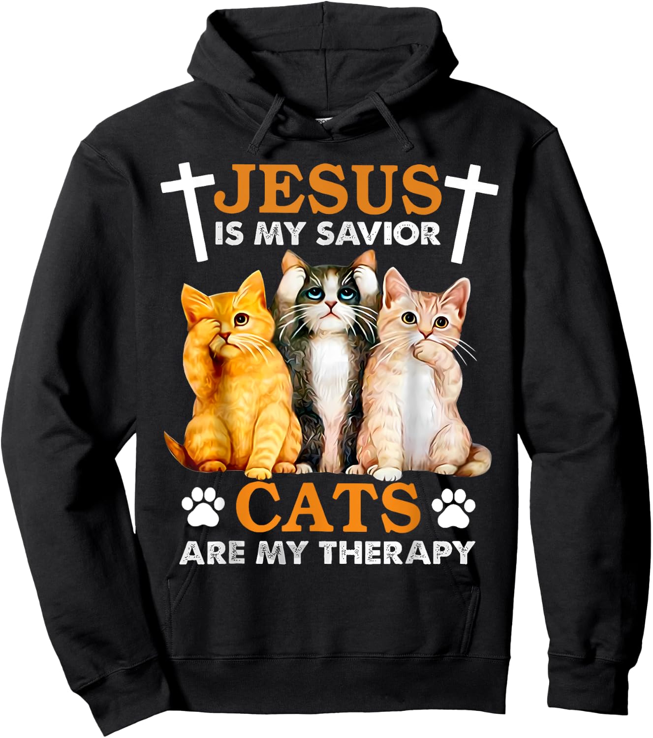 Jesus Is My Savior Cats Are My Therapy Christian Funny Cat Men Women Hoodie - Hoodie | Black