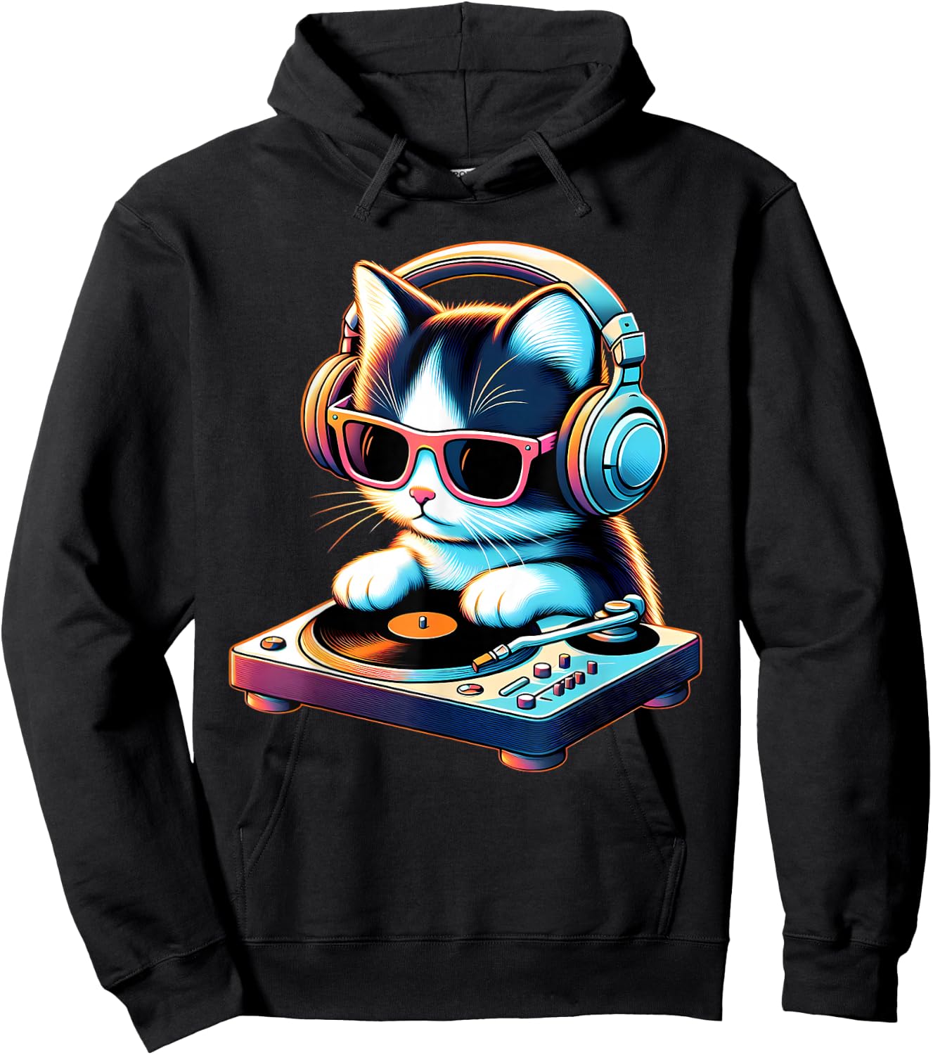 DJ Kitten Turntable Music Vibe Cat Cool Modern Playful Art Hoodie - Hoodie | Black