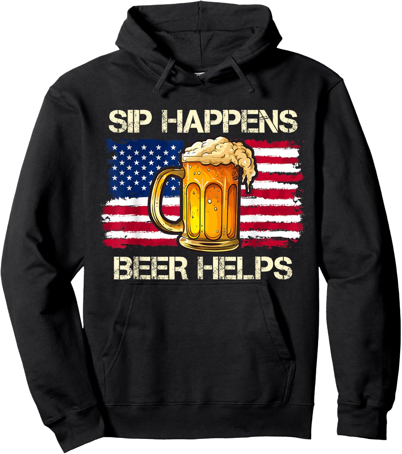 funny pun sip happens beer helps drinking vintage usa flag Women Men Hoodie - Hoodie | Black
