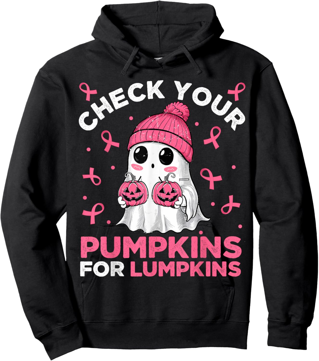 Breast Cancer Halloween Boo Ghost Check Your Pumpkins Hoodie - Hoodie | Black