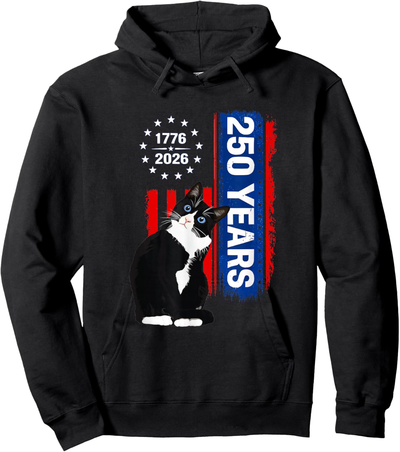 Tuxedo Patriotic Cat 250 Years Birthday USA 1776 Hoodie - Hoodie | Black