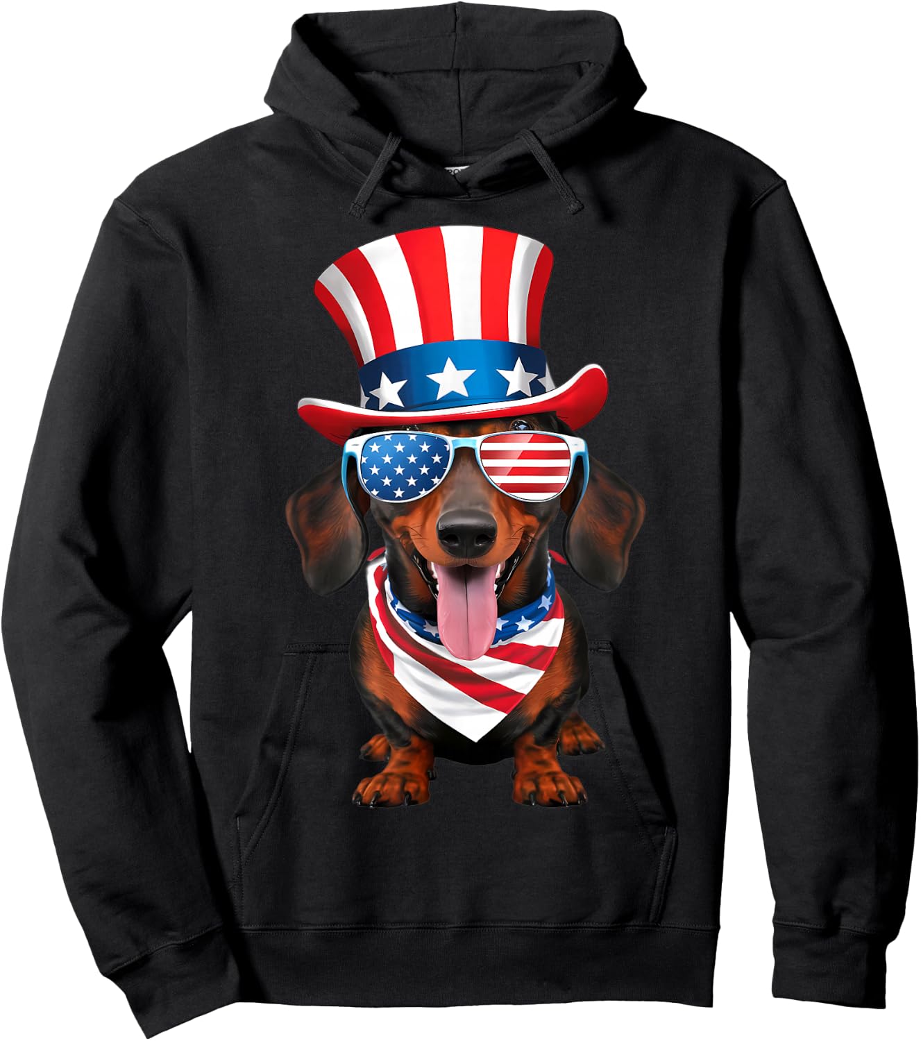 Dachshund Dog American Flag Glasses Hat 4th of July Hoodie - Hoodie | Black