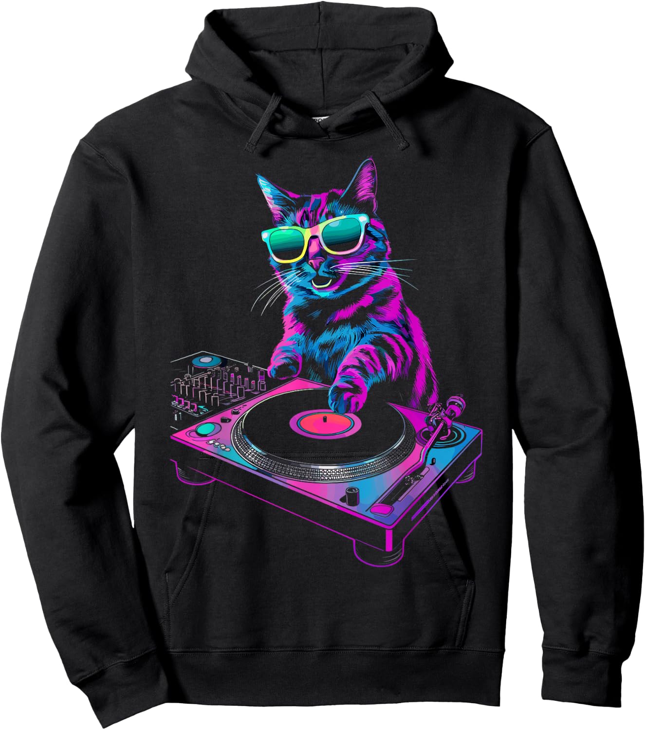 House DJ Cat Rainbow DJ Cat Kitty on Turntable Disco DJ Cat , Small, Black Hoodie - Hoodie | Black
