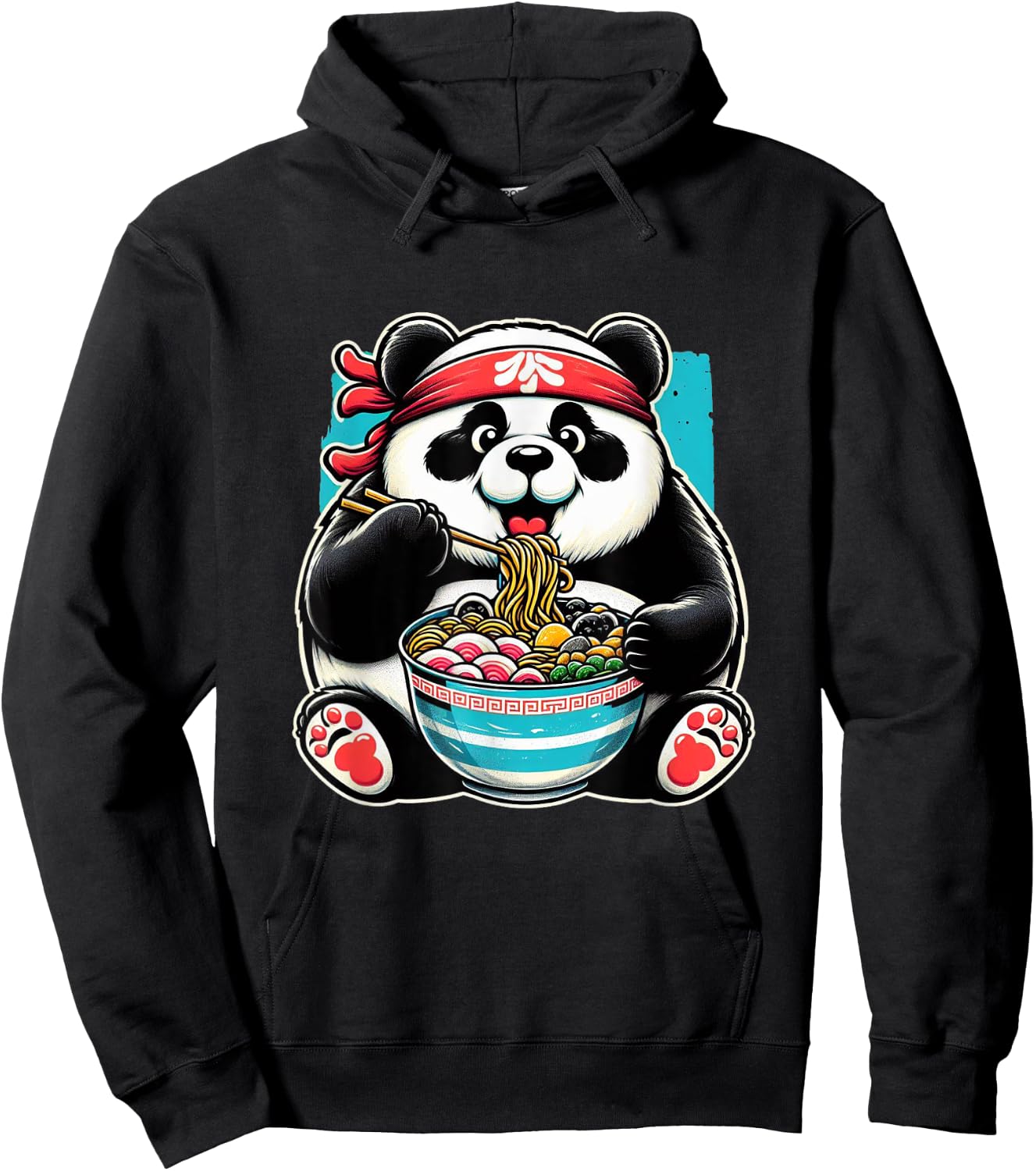 Kawaii Artwork Co Japanese Fat Panda Ramen Kawaii Neko Japanese Noodles Aesthetic Anime Panda Graphic Design -Teens & Young Adults - Black - Small - Short Sleeve Hoodie - Hoodie | Black
