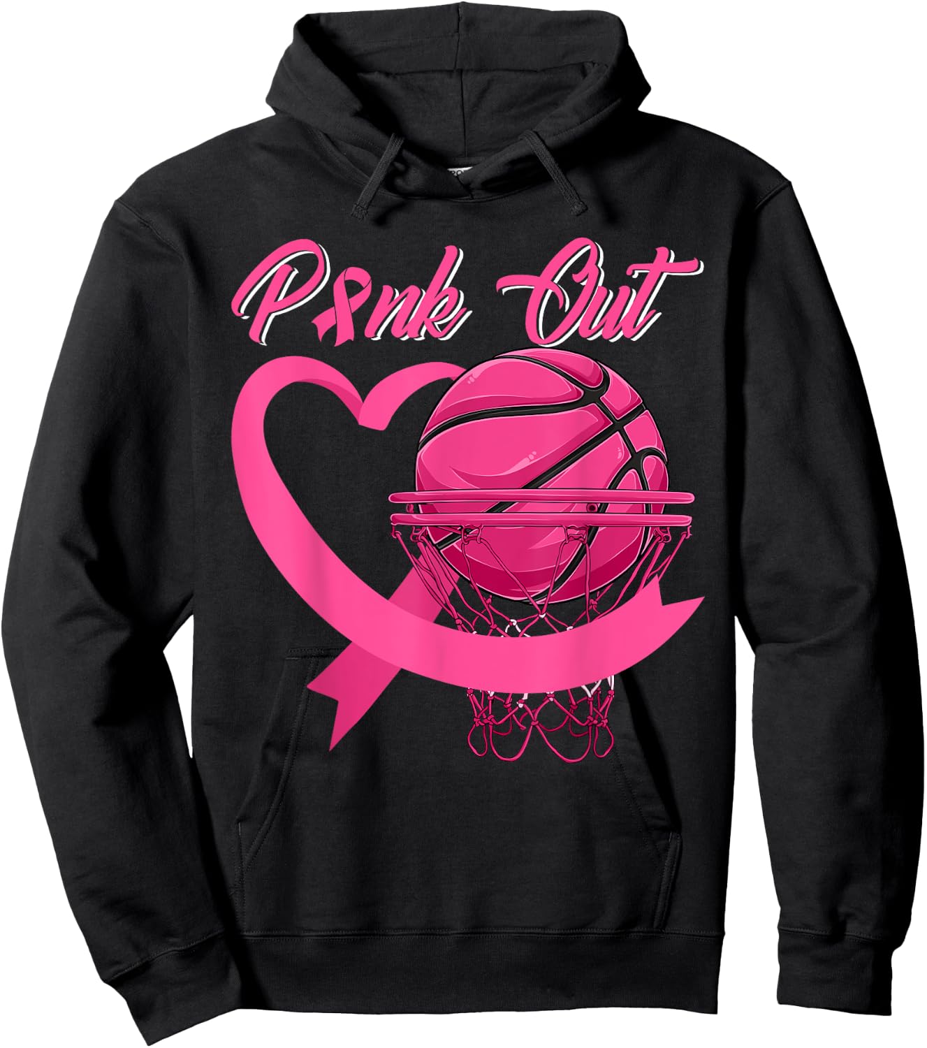 Pink Out Breast Cancer Pink Ribbon Heart & Basketball Ball Hoodie - Hoodie | Black
