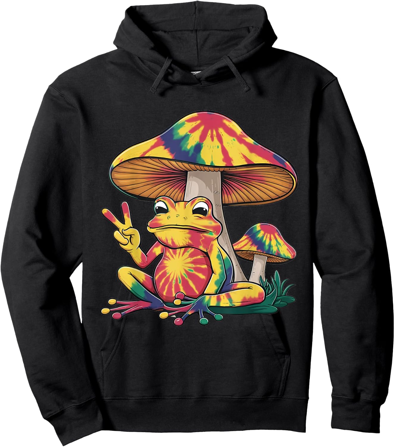 Tie Dye Mushroom and Frog Peace Sign Hippie Animal Vintage Hoodie - Hoodie | Black