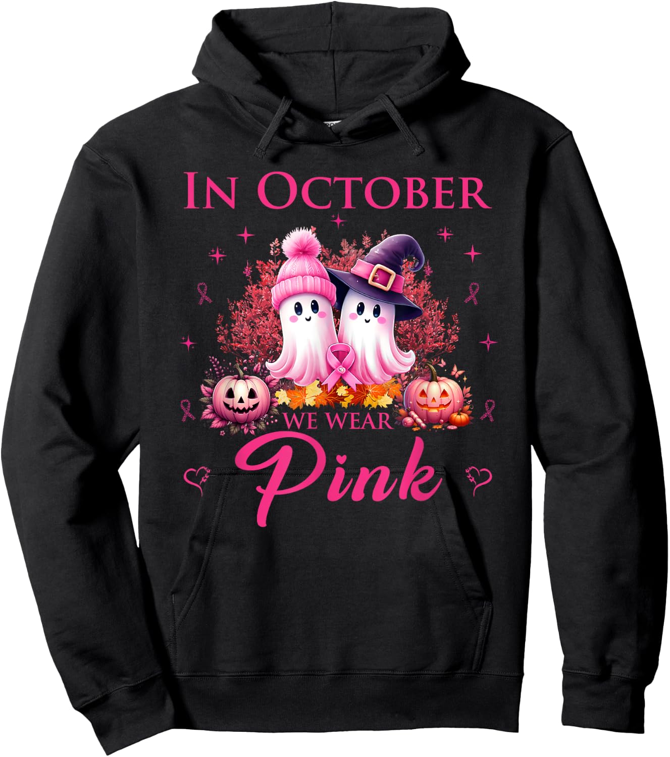In October We Wear Pink Ghost Breast Cancer Awareness Hoodie - Hoodie | Black