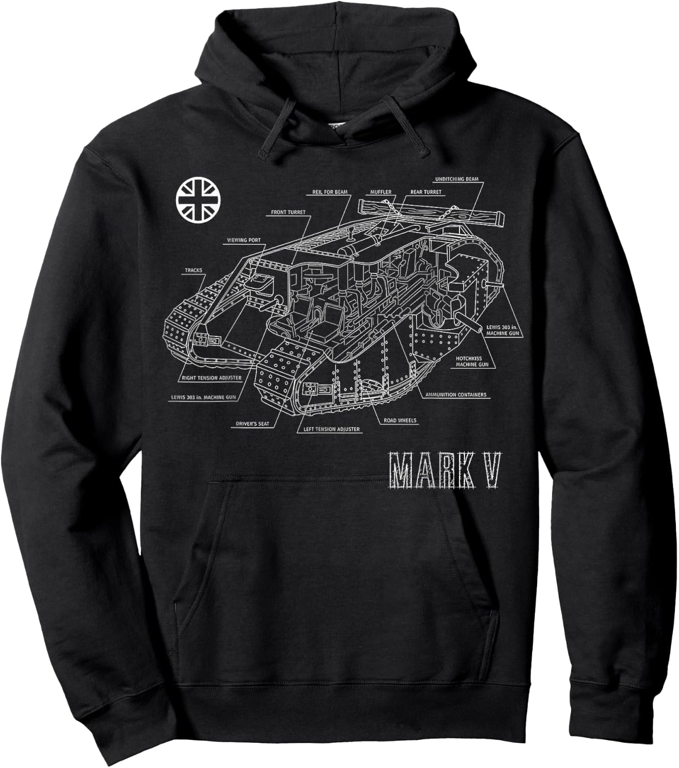 Vintage World War 1 British Tank Mark V blueprint Hoodie - Hoodie | Black