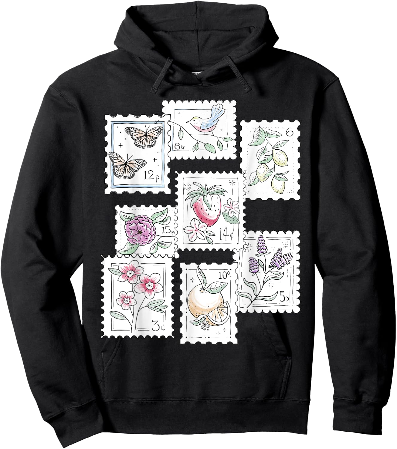 Postage Stamp Pattern Flowers Butterflies Bird Strawberry Hoodie - Hoodie | Black