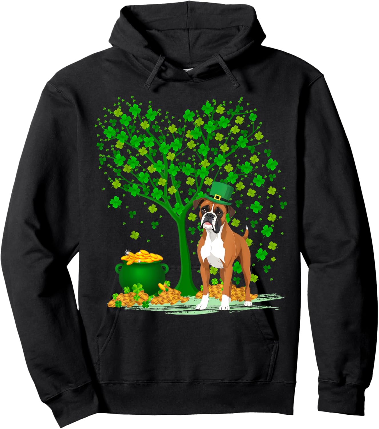 Shamrock Tree Leprechaun Hat Boxer Dog St Patrick's Day Women Kids Hoodie - Hoodie | Black