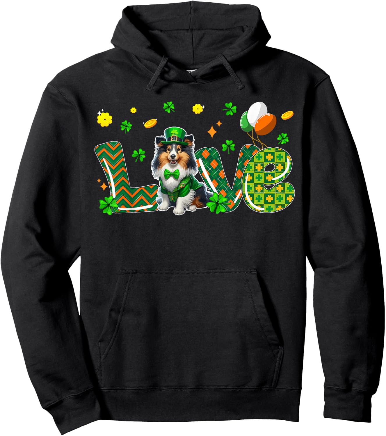 LOVE Sheltie St. Patrick's Day Shamrocks Owner Lover Hoodie - Hoodie | Black